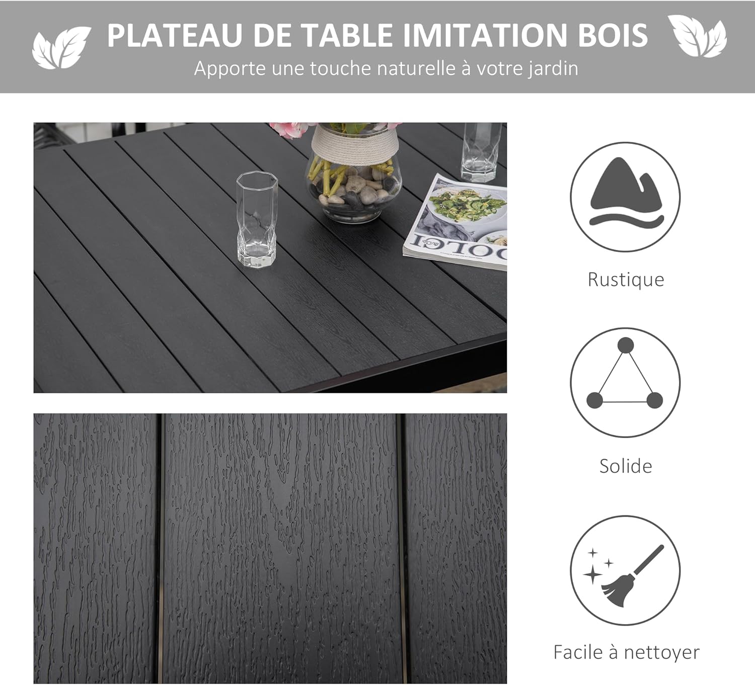 Detalle de Outsunny Table à Manger de Jardin pour 6 Personnes — Table extérieure en Aluminium, 140 × 90 × 74 cm, Noir