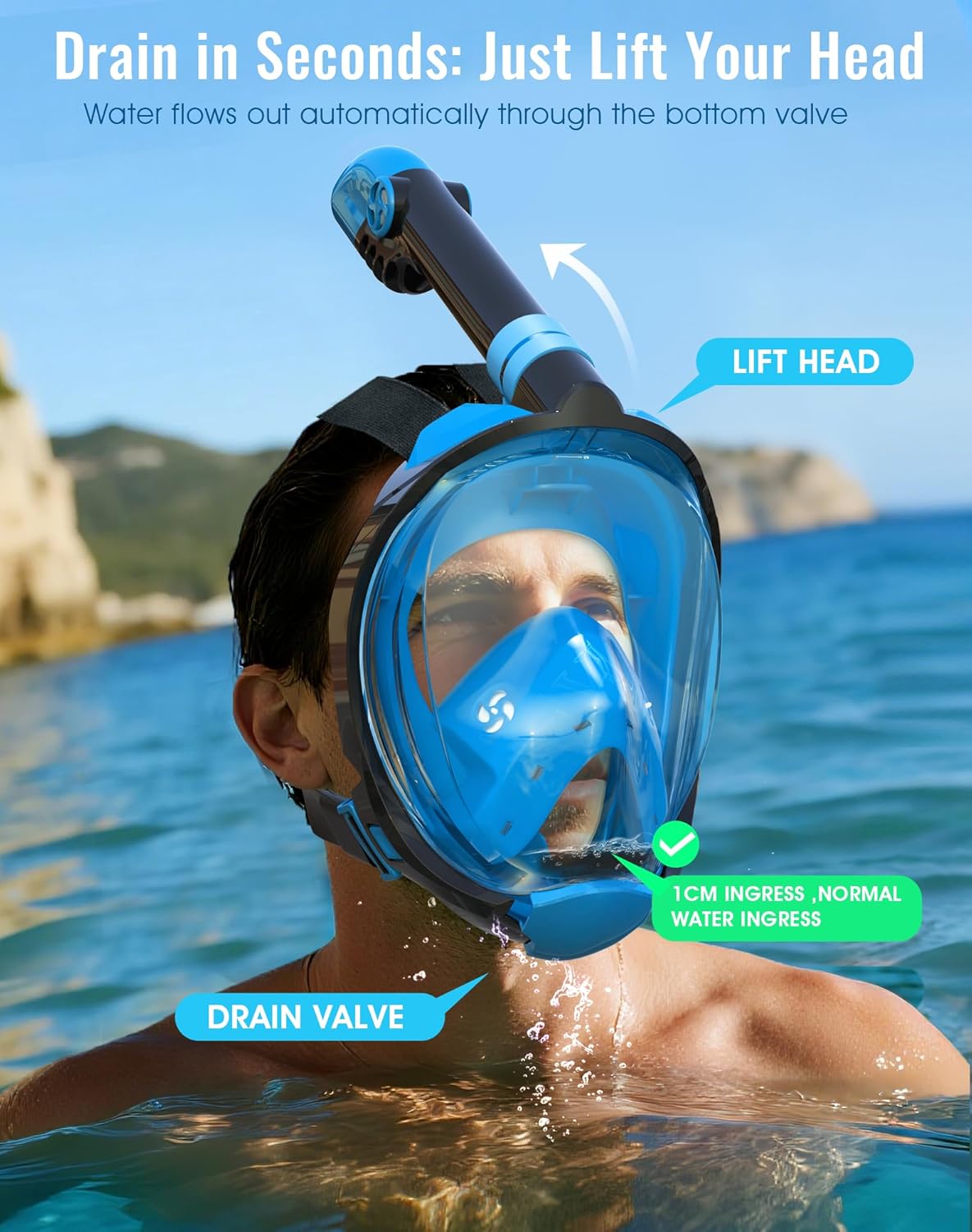 Detalle 1 de Greatever G2 Full Face Snorkel Mask with Dry Top System and Camera Mount