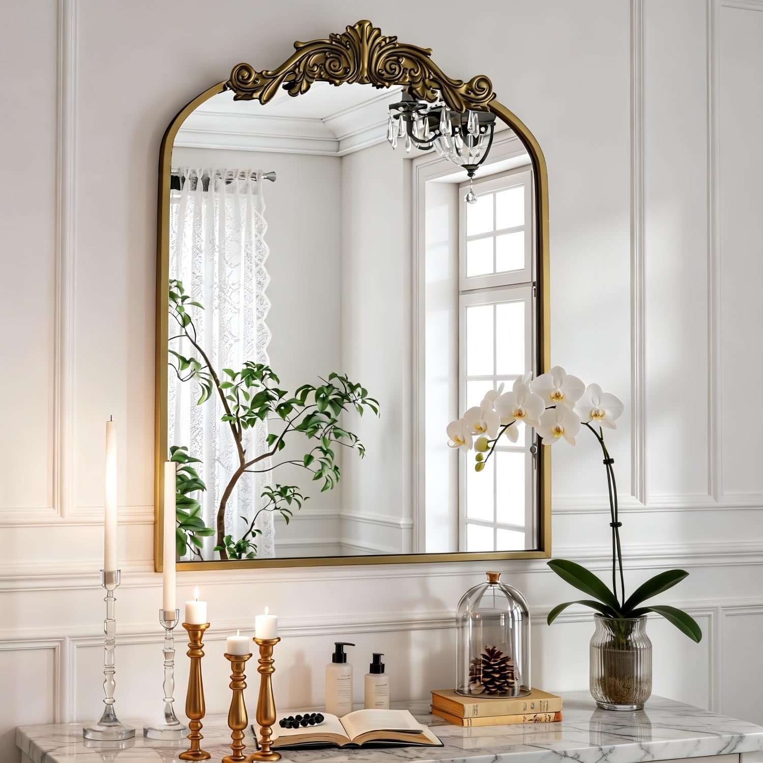 Detalle de Dewfig Antique Arched Wall Mirror (22" x 30") with Vintage Bronze Baroque Frame