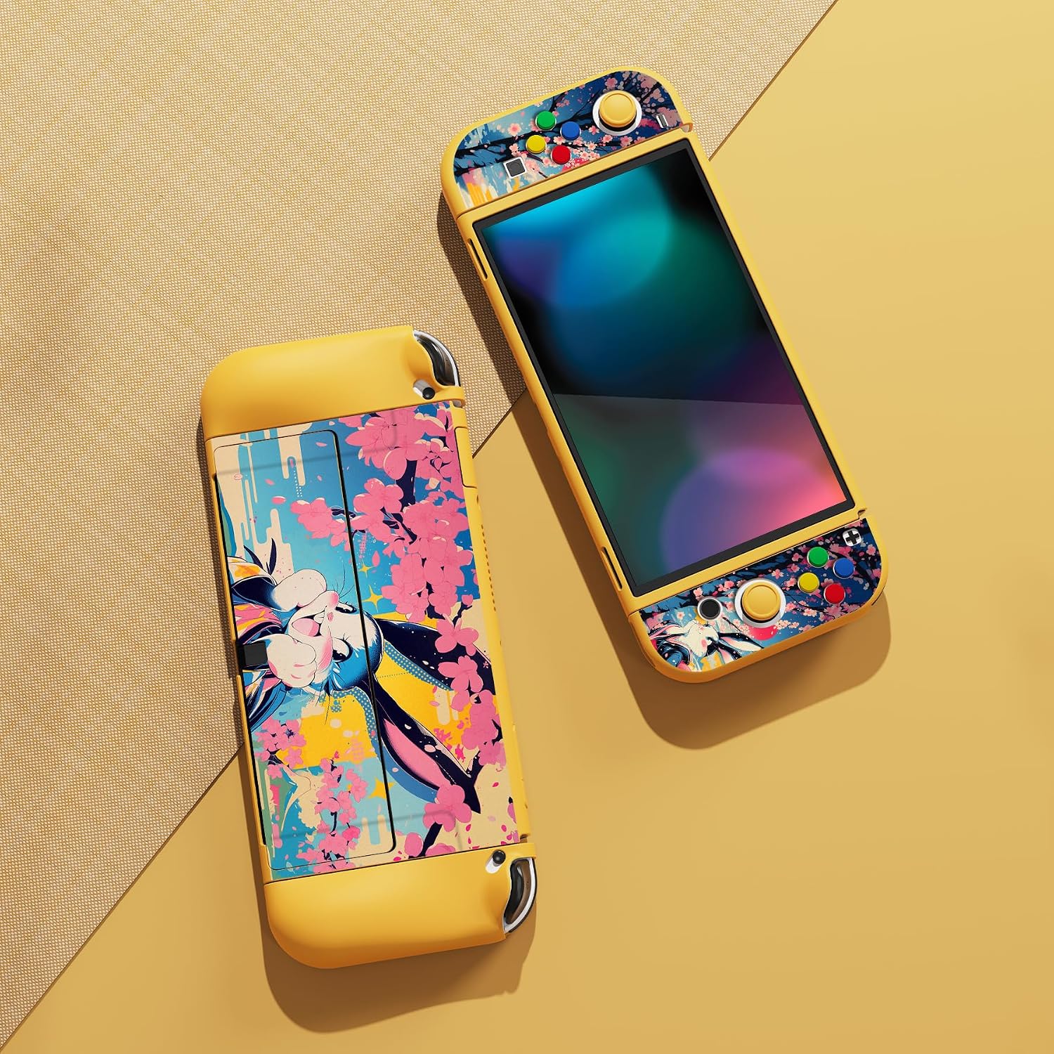 Detalle 2 de playvital ZealProtect Soft Protective Case for Nintendo Switch OLED (Blossom POP Bunny) with Joycon Grip Caps
