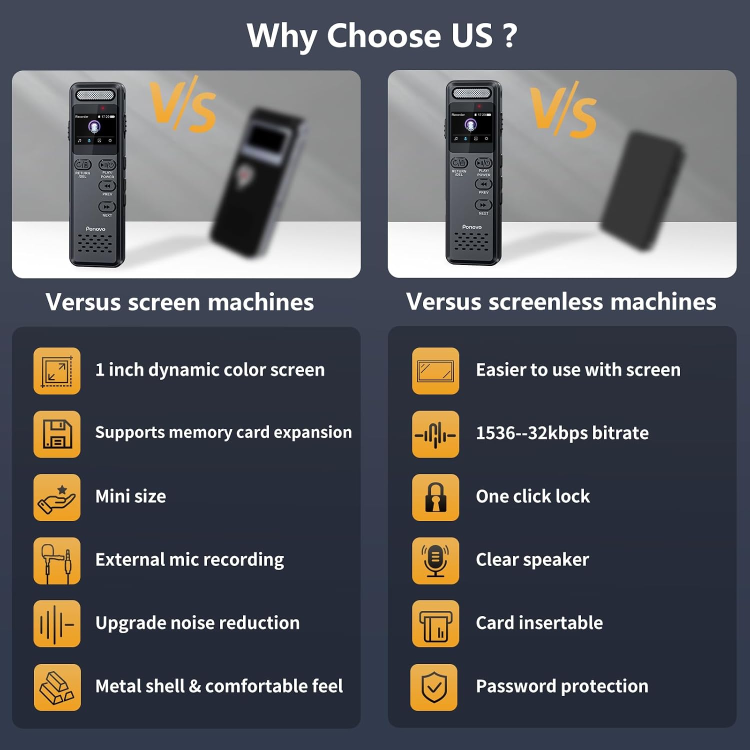 Detalle de Ponovo Voice Recorder 100H with 80GB Storage and 100 Hours of Recording