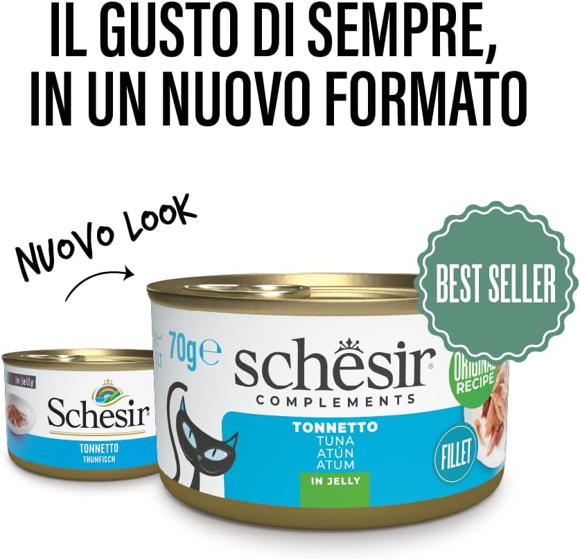 Detalle 2 de Schesir Filetti di Tonno in Gelatina – Cibo Umido Complementare per Gatti, Ricetta Originale, 12 lattine da 70 g