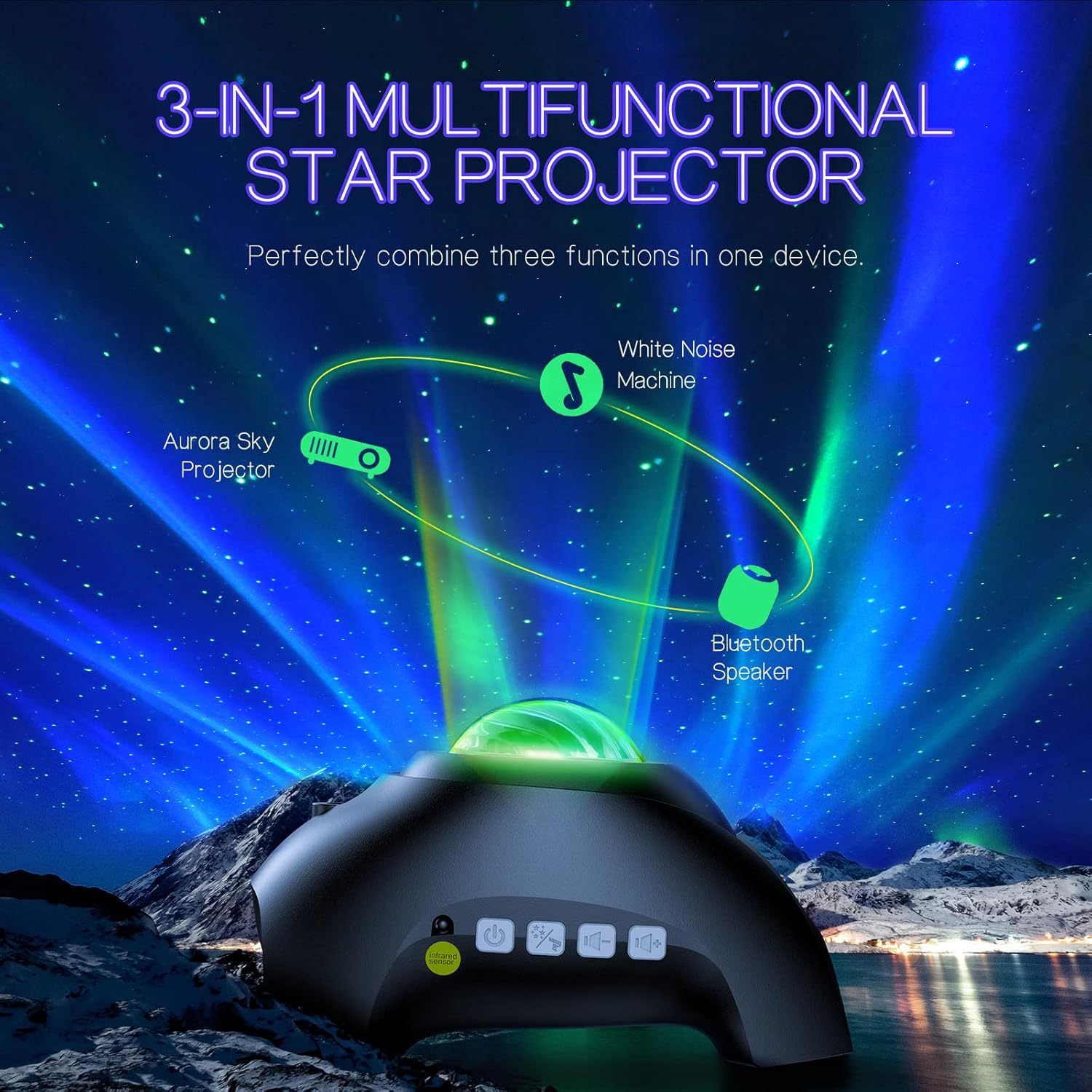 Thumbnail 1 de Northern Galaxy Light Aurora Projector: 33 Effects, Bluetooth Speaker, and Soothing White Noise in a Playful Elephant Lamp