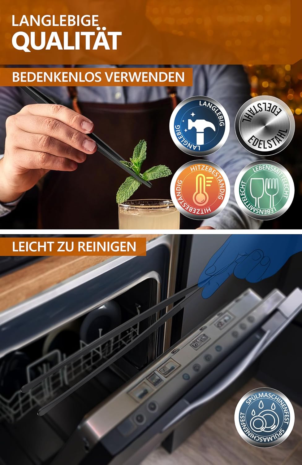 Thumbnail 4 de 4smile Kochpinzette, 2er-Set in Schwarz – Edelstahl-Kochpinzette, 30 cm, Rund & Spitz, zugleich Grillpinzette und Dekorationspinzette