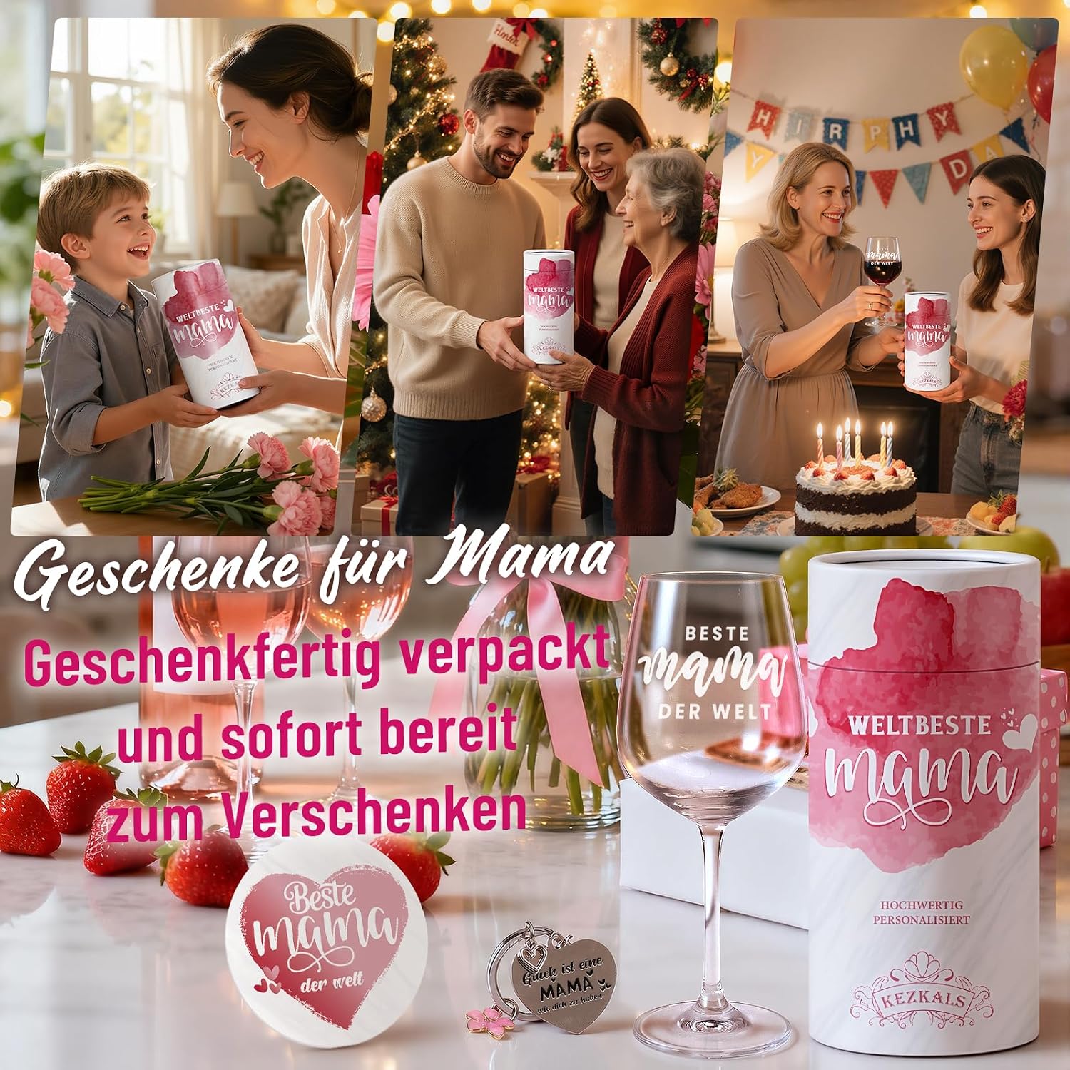 Thumbnail 5 de KEZKALS Geschenke für Mama: Weinglas-Set inkl. Karte & Schlüsselanhänger
