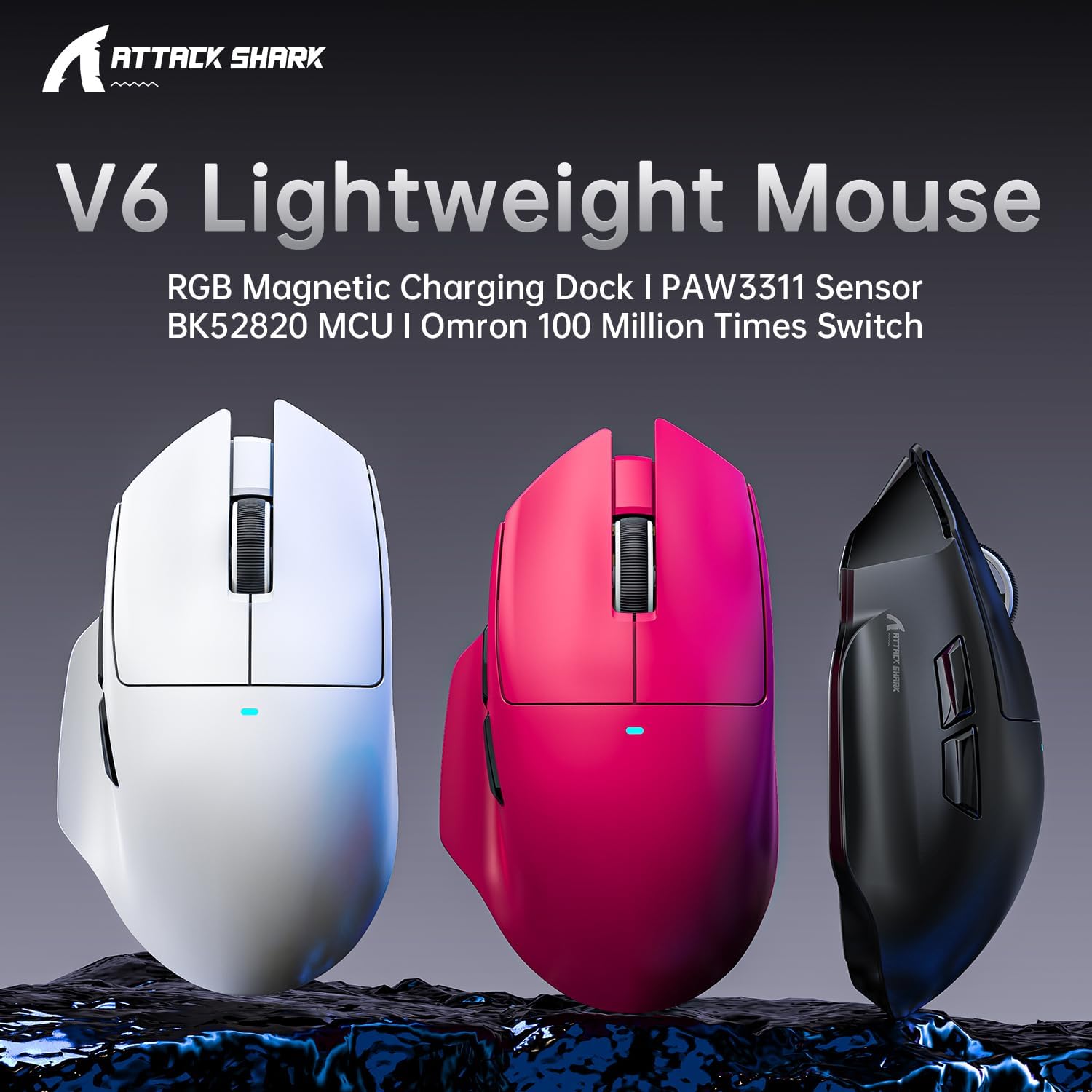 Thumbnail 1 de ATTACK SHARK V6 65g Superlight Mouse with Magnetic Charging Dock