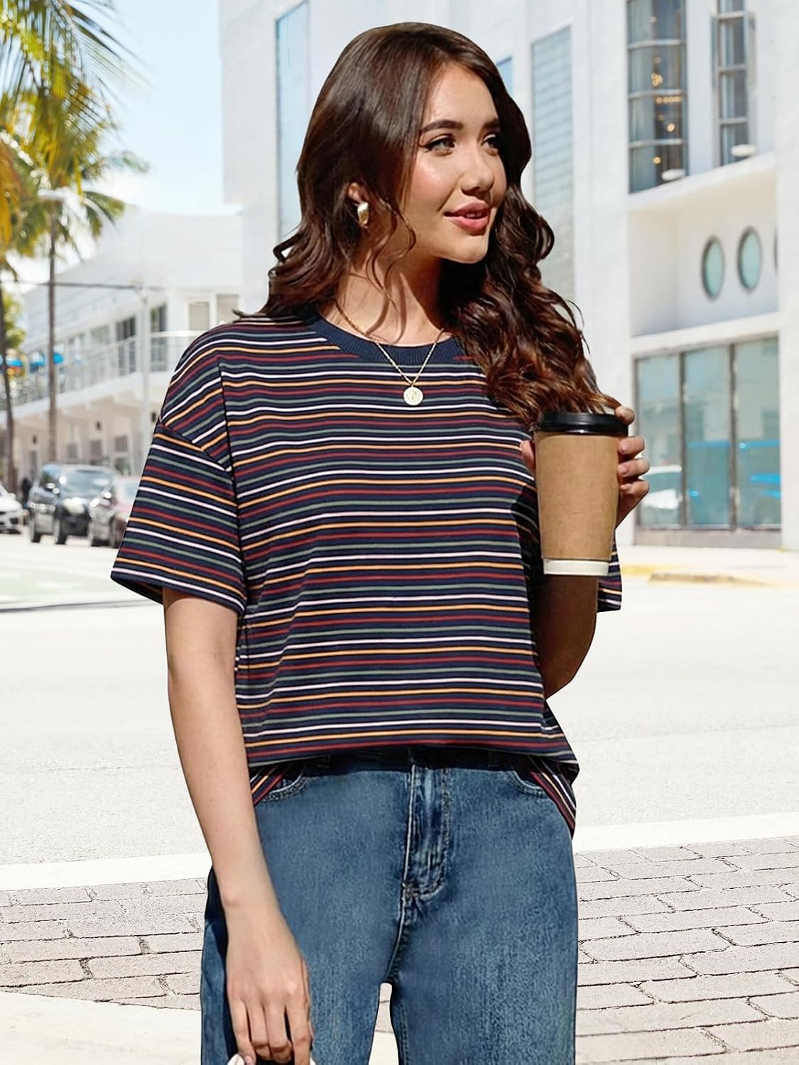 Detalle 2 de Cuptacc Damen Oversize T-Shirt Rundhals – Streifen-Tunika für Sommer, locker und vielseitig