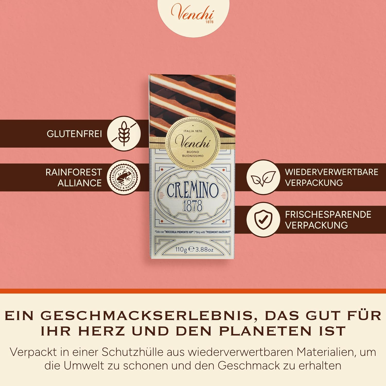 Thumbnail 4 de Venchi Tafel Cremino 1878 (110 g) – Milchschokolade mit Haselnüssen Gianduja & weiße Schokolade mit Mandelpaste, glutenfrei