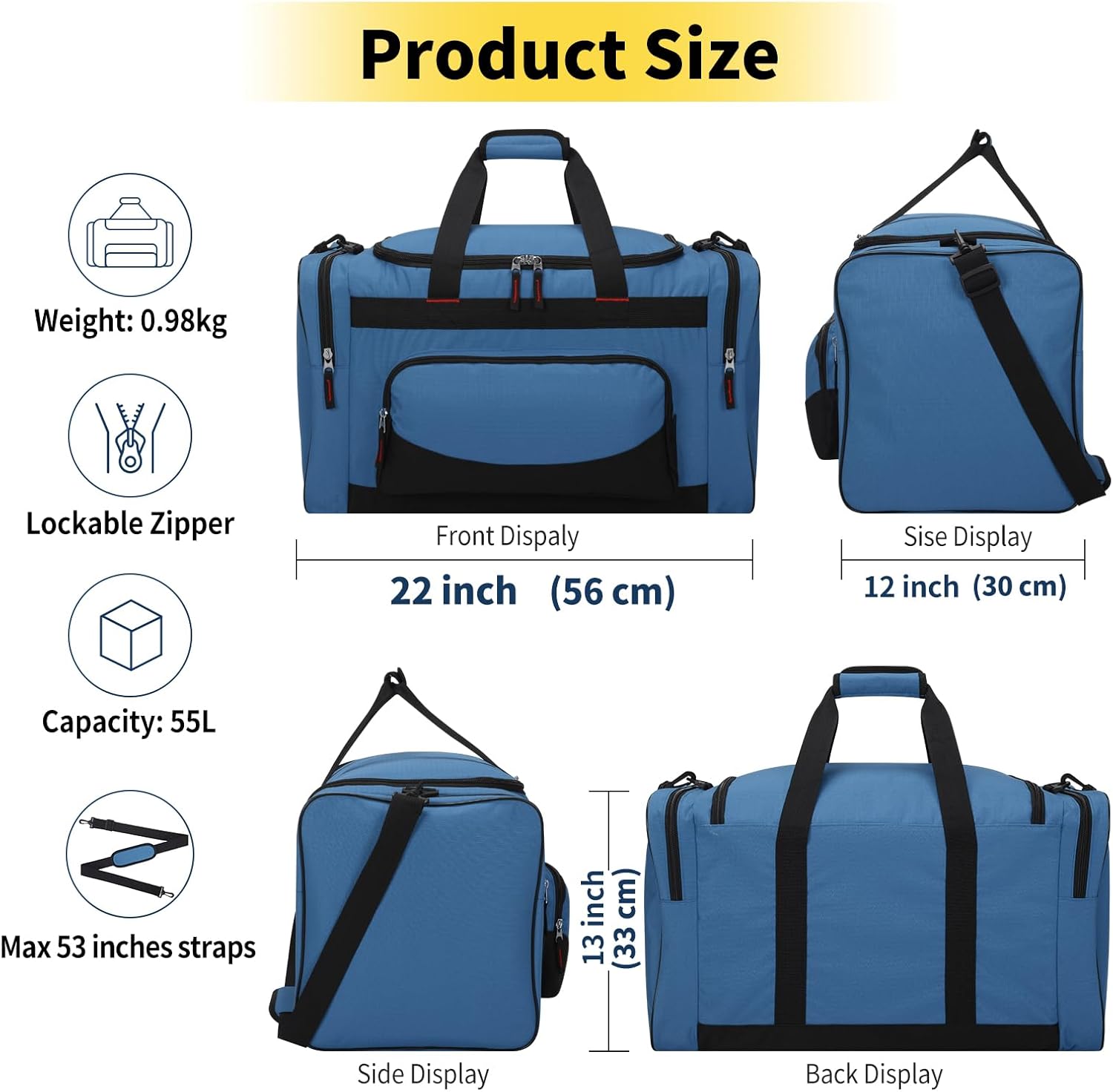 Thumbnail 1 de 55L Large Sports Holdall Bag for Men — 22 Inch Gym Duffle with Multi Pockets in Blue