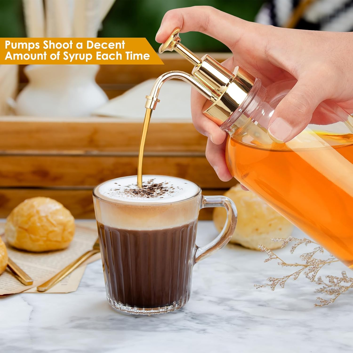 Detalle 2 de Coffee Syrup Dispenser Set with Gold Pumps (2 x 16.9 oz) – Glass Bottles, Funnels & Labels