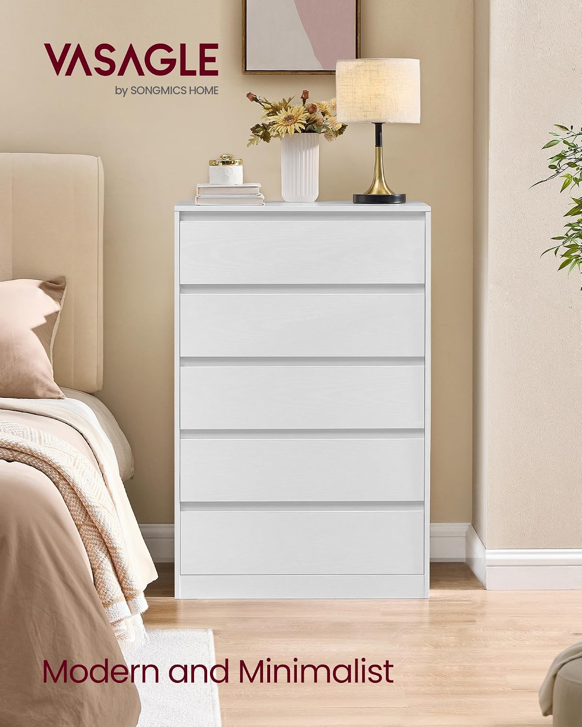 Thumbnail 2 de VASAGLE KAILYN 5-Drawer Chest of Drawers in Snow White (LTS605WE01) – Slim, Modern Storage
