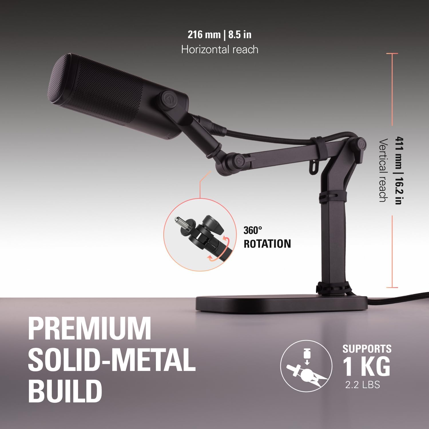 Detalle de elgato Wave Desk Stand Adjustable Microphone Stand, Metal, Black, 1 kg Capacity