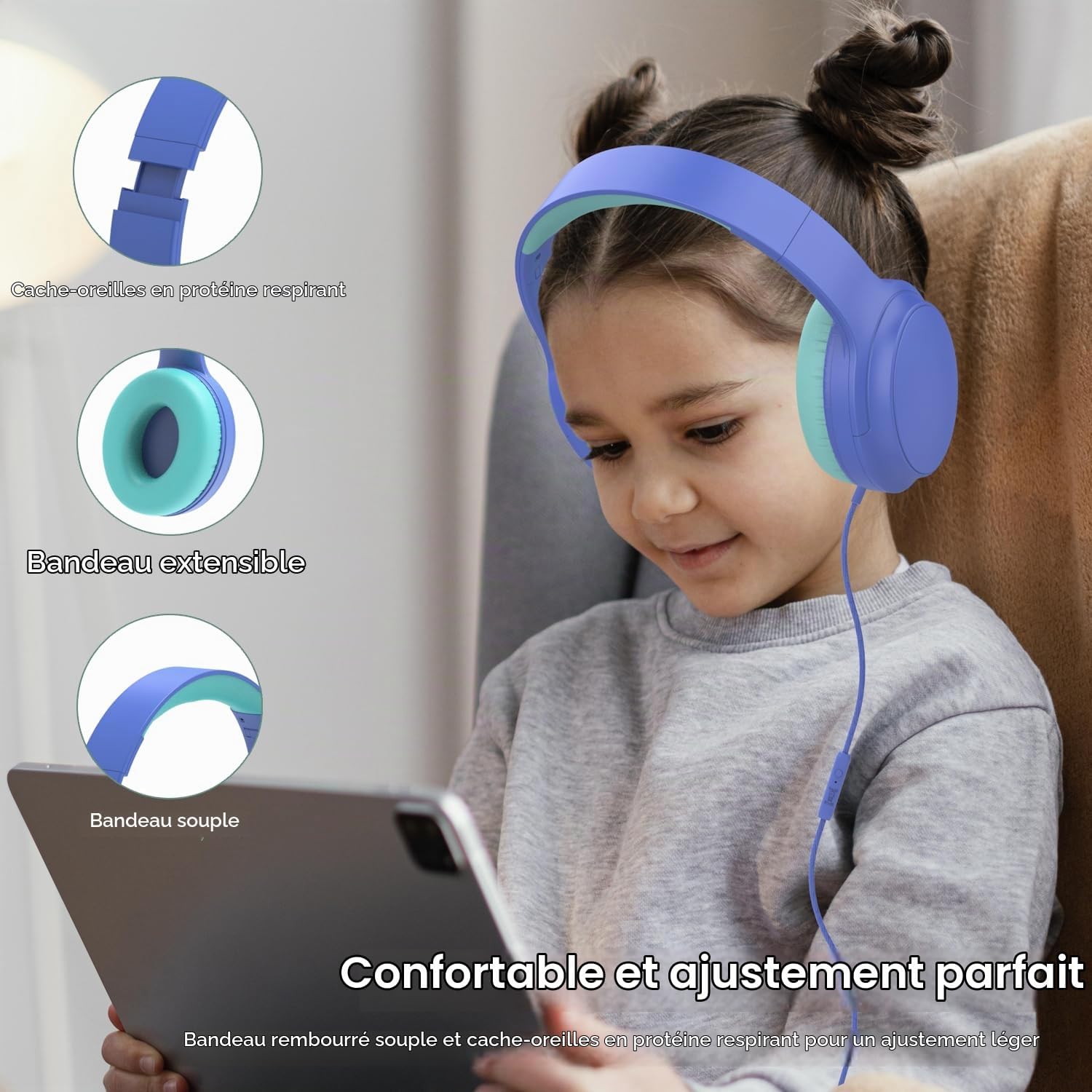 Detalle de Usoun BH-DR07 bedrade kinderhoofdtelefoon met microfoon, 85/94 dBA en 3,5mm-aansluiting