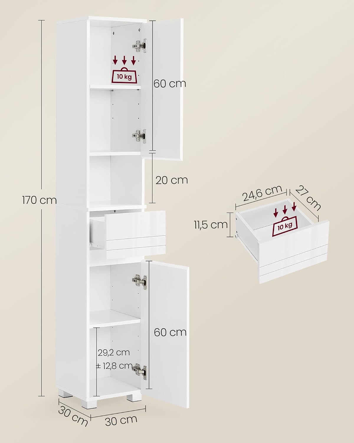 Detalle de VASAGLE Armoire de Salle de Bain 30 x 60 x 170 cm