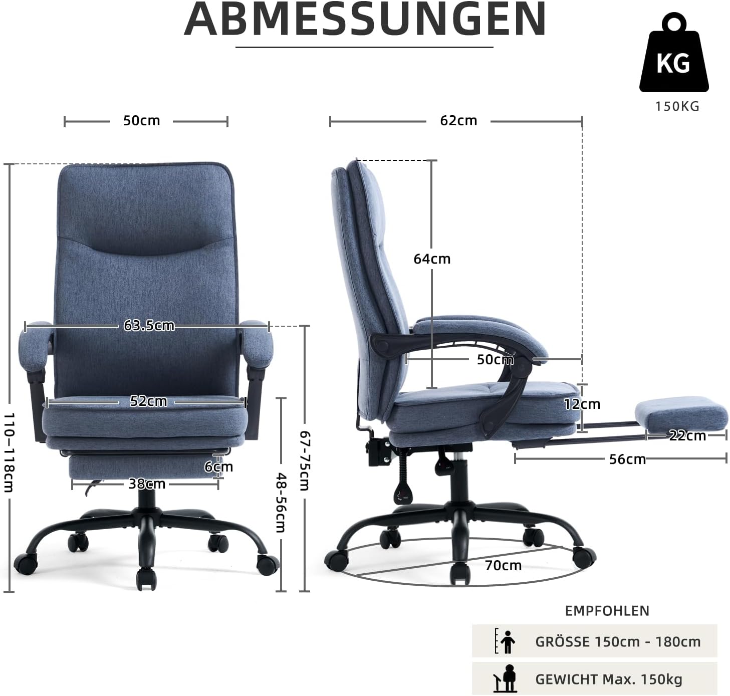 Detalle de MZLEE Bürostuhl ergonomisch: S‑Rückenlehne, Fußstütze und Liegefunktion bis 135°