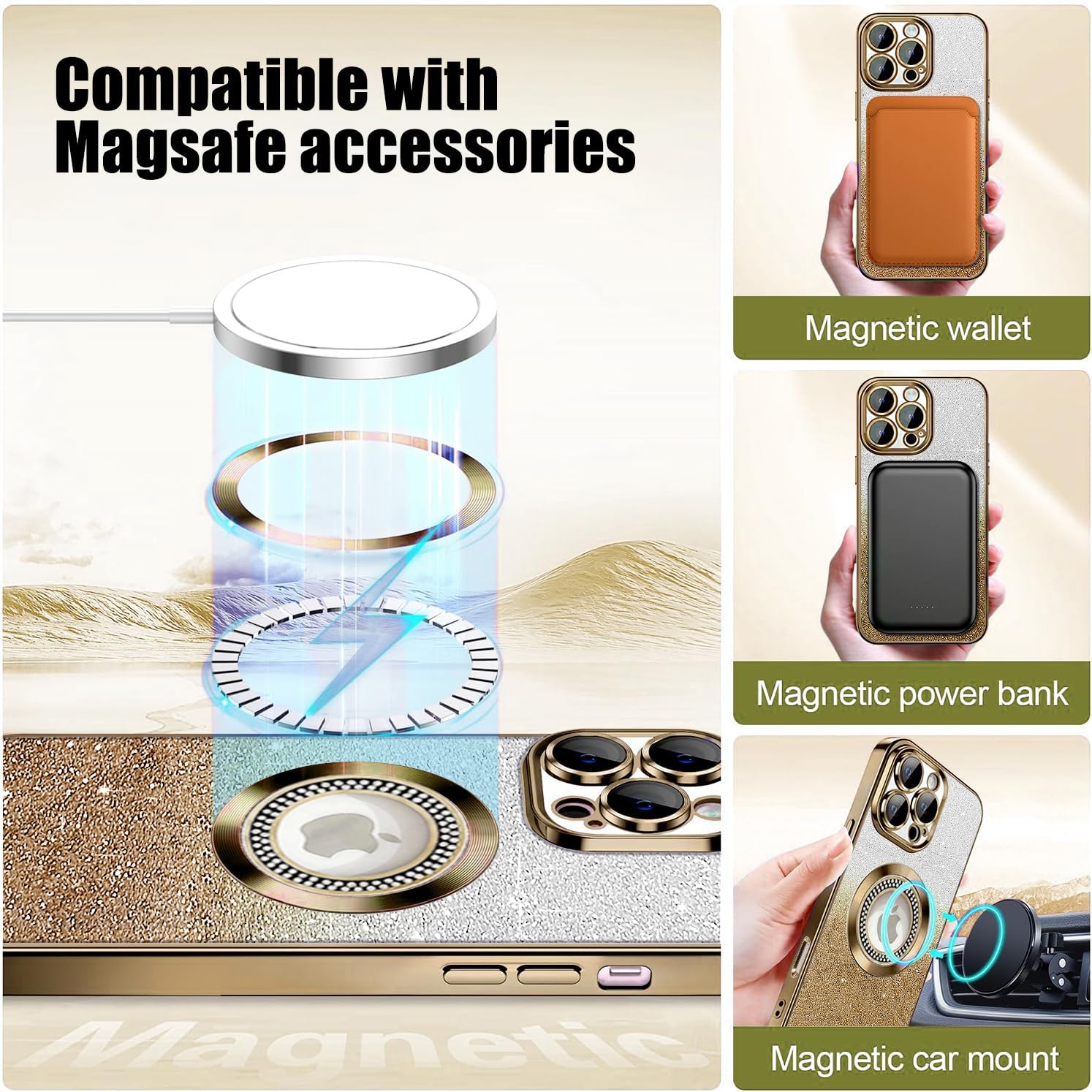 Detalle de Misscase Glitter Magnetic Case for iPhone 16 Pro Max (Gold) – Full Protection with Camera Lens Shield