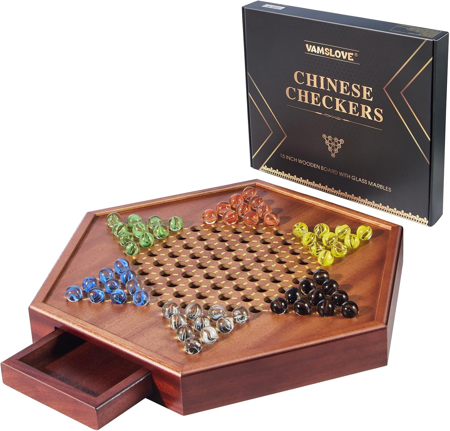 Detalle de VAMSLOVE Chinese Checkers 15" wooden board with 72 marbles ๐ฒ