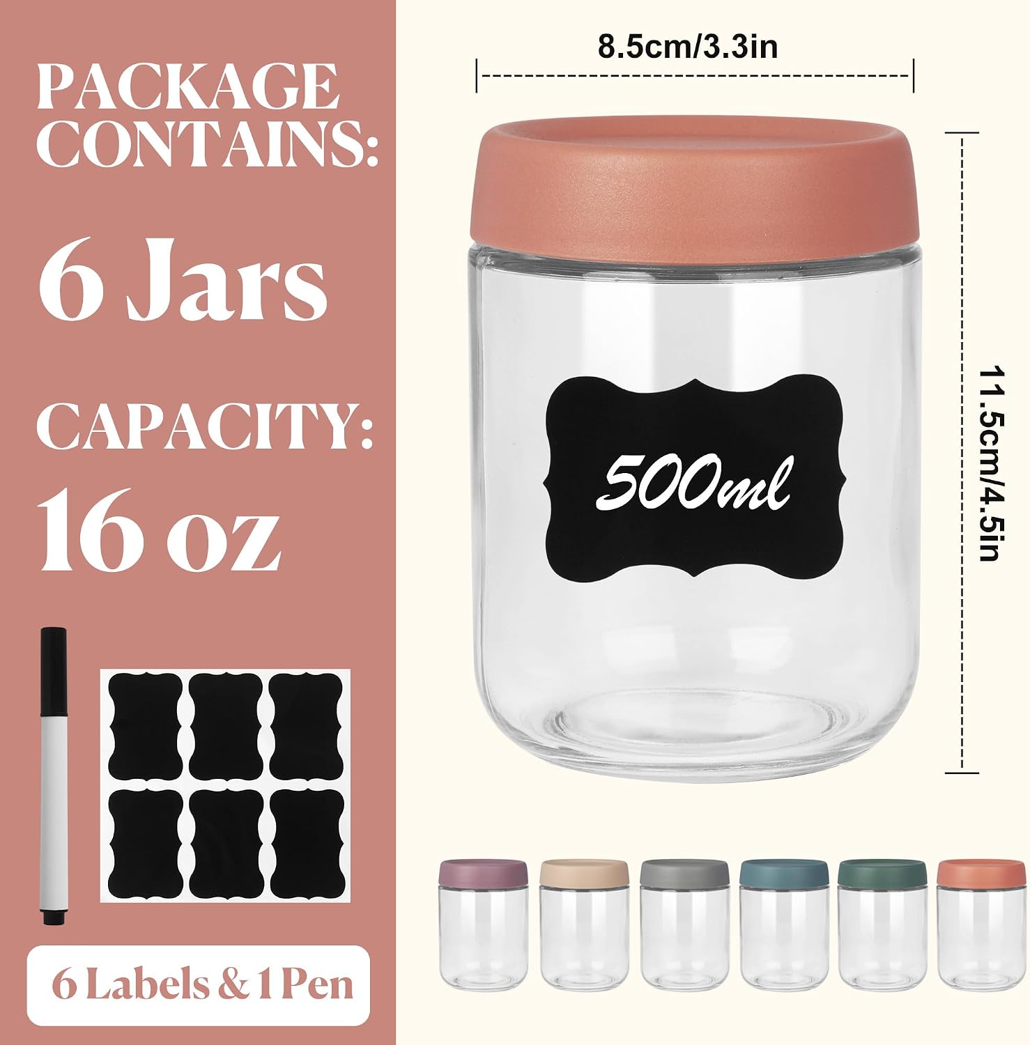 Detalle de ACOMTUO 6-pack overnight oats-burkar i glas, 500 ml med skruvlock