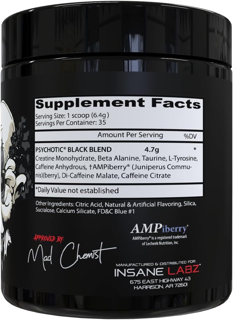 Detalle de Insane Labz Psychotic Black Edition Mid-Stimulant Pre-Workout Powder, Gummy Candy, 35 Servings
