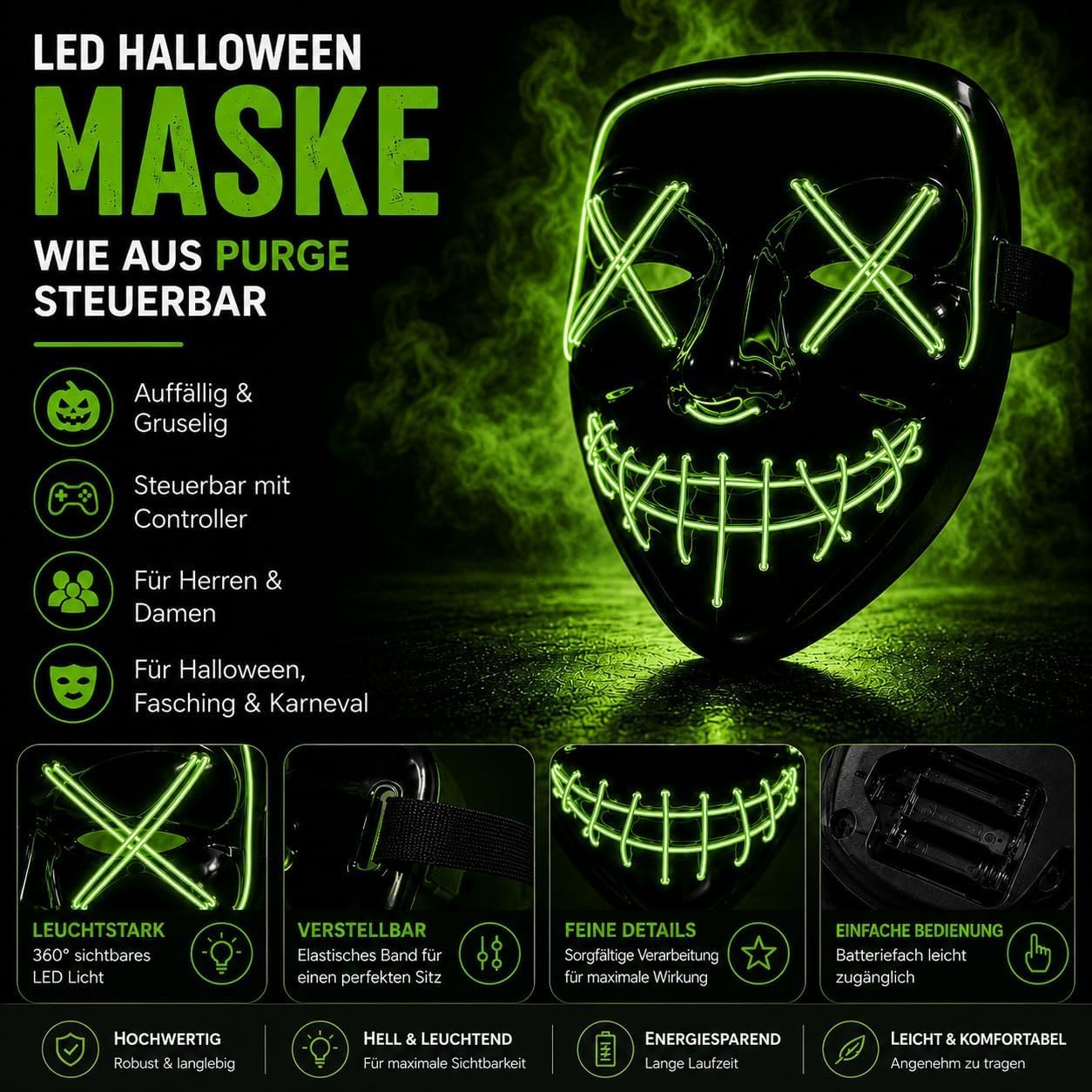 Detalle 1 de TK Gruppe Timo Klingler Purge LED-horrormasker met 3 instelbare lichteffecten