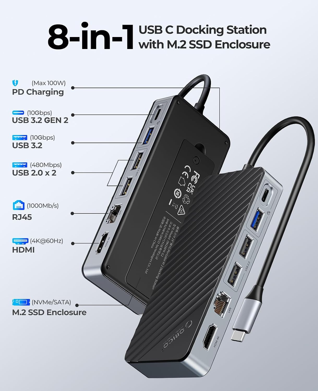 Detalle 2 de ORICO OM28PR Docking Station USB-C 8 in 1 con case per SSD M.2 NVMe/SATA e HDMI 4K@60Hz