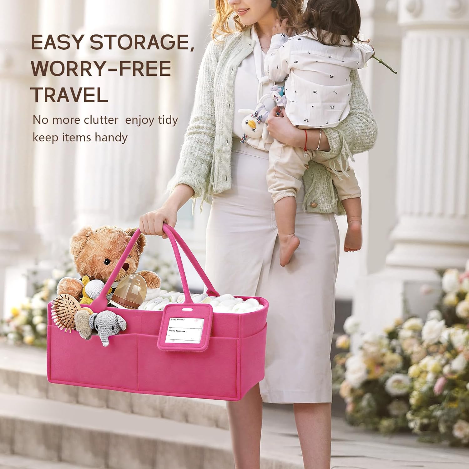Detalle de GEMII diaper caddy organizer, Large Pink Felt Baby Caddy with Handle