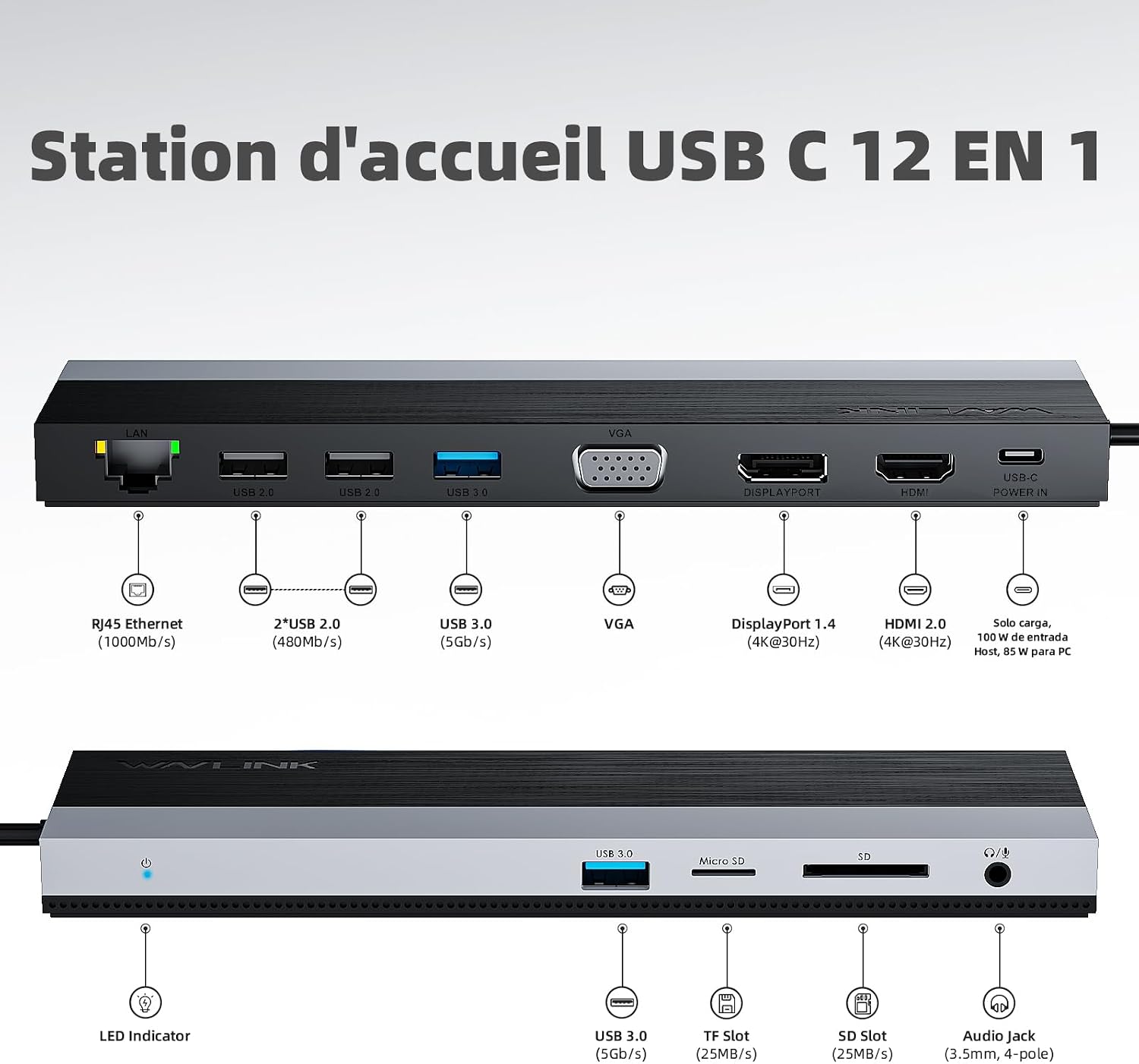 Detalle 2 de WAVLINK Station USB-C 3 moniteurs 100 W ⚙