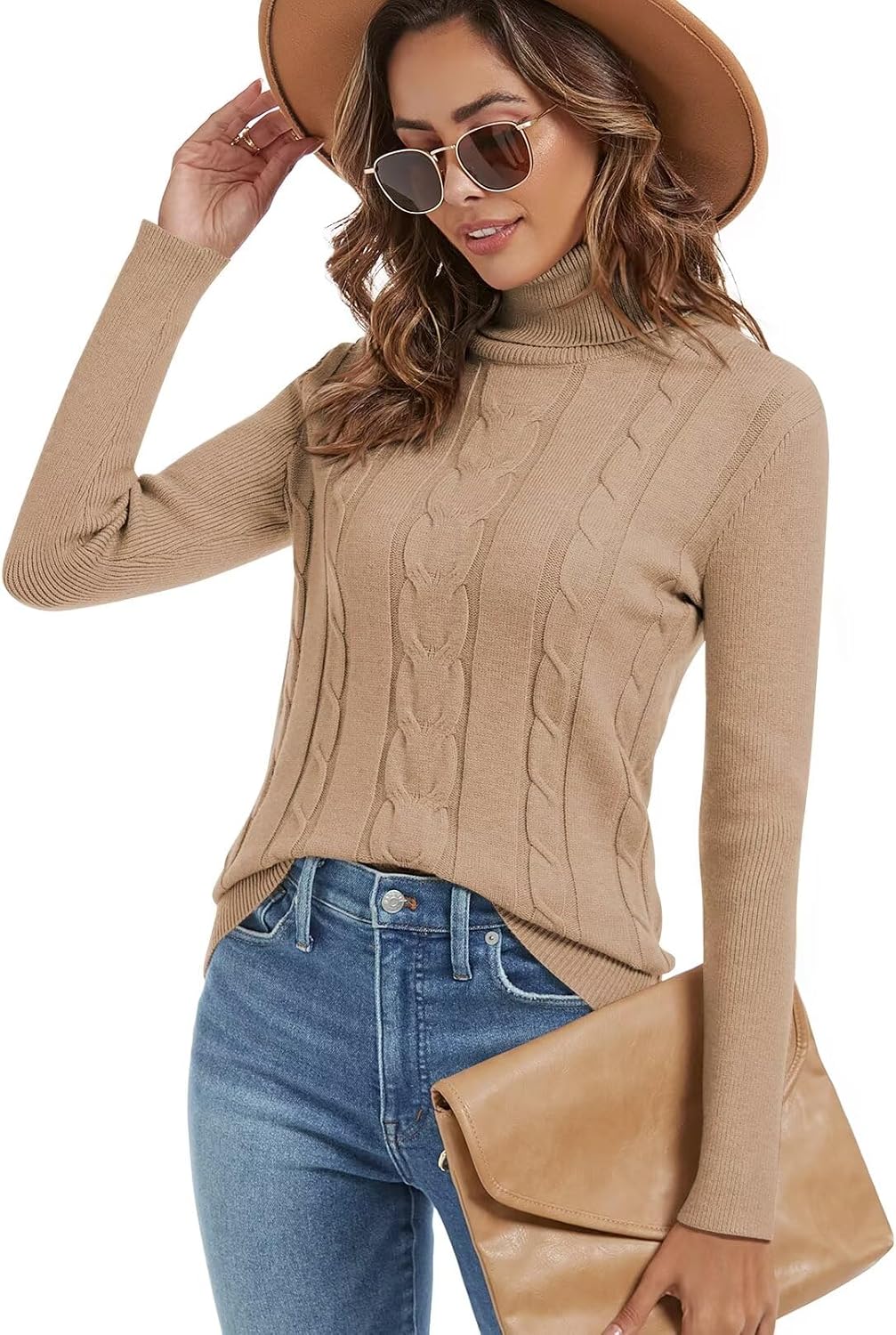 Detalle de JOCAFIYE Cable-Knit Turtleneck Sweater for Women, Long-Sleeve Pullover