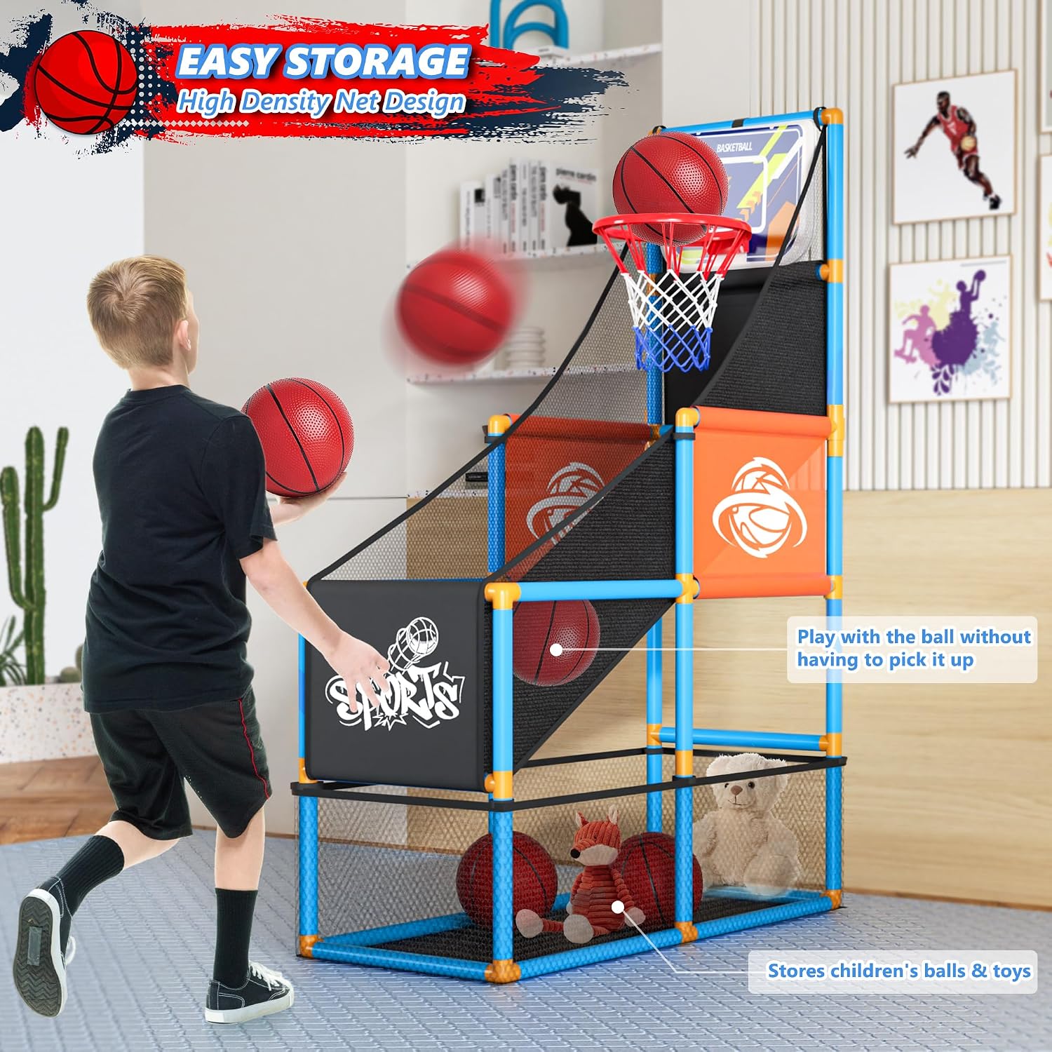 Detalle de Arcade Basketball Game Set for Kids – Adjustable Indoor/Outdoor Hoop with 4 Balls