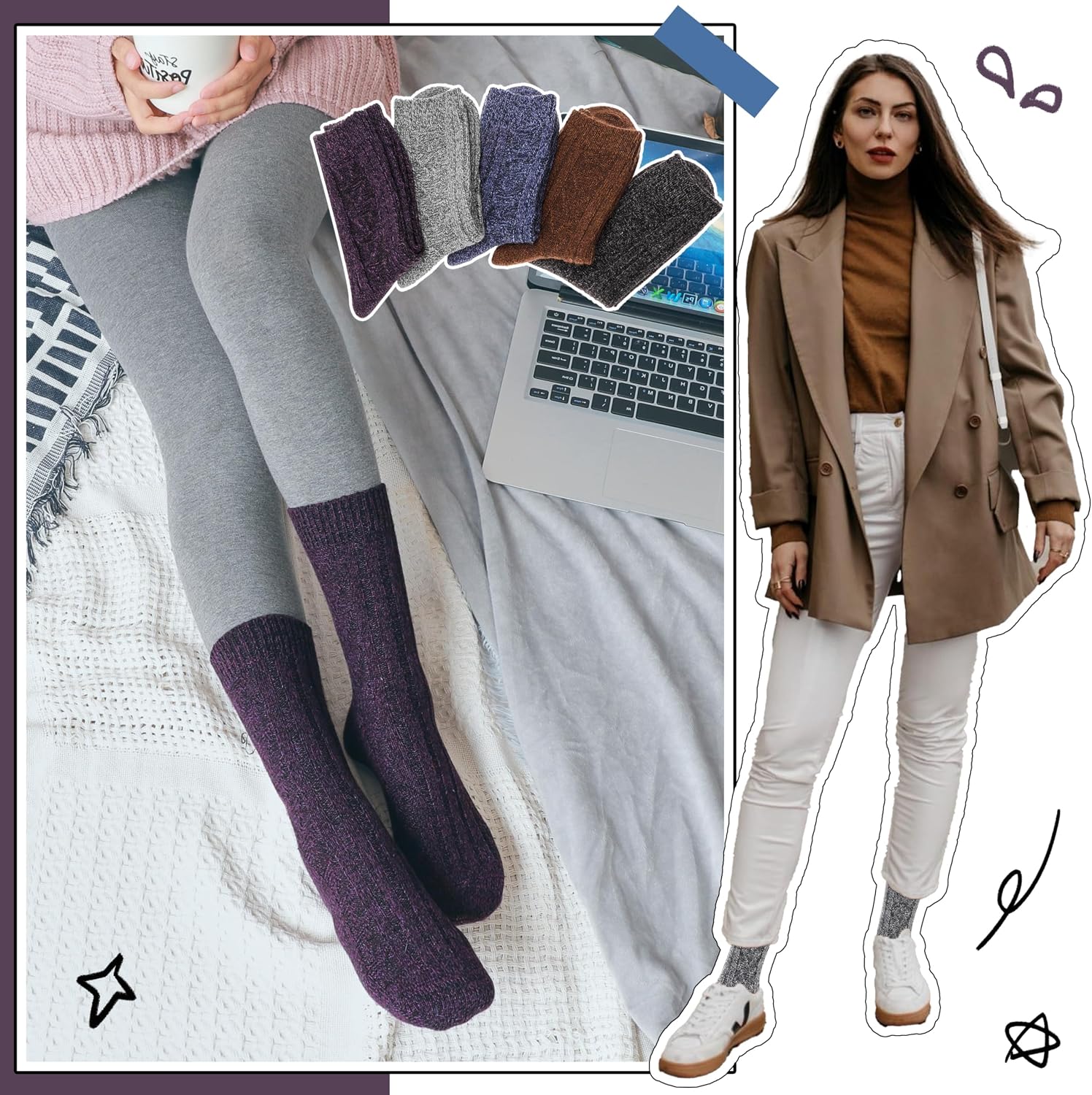 Detalle 2 de EBMORE Womens Merino Wool Socks 5 pairs