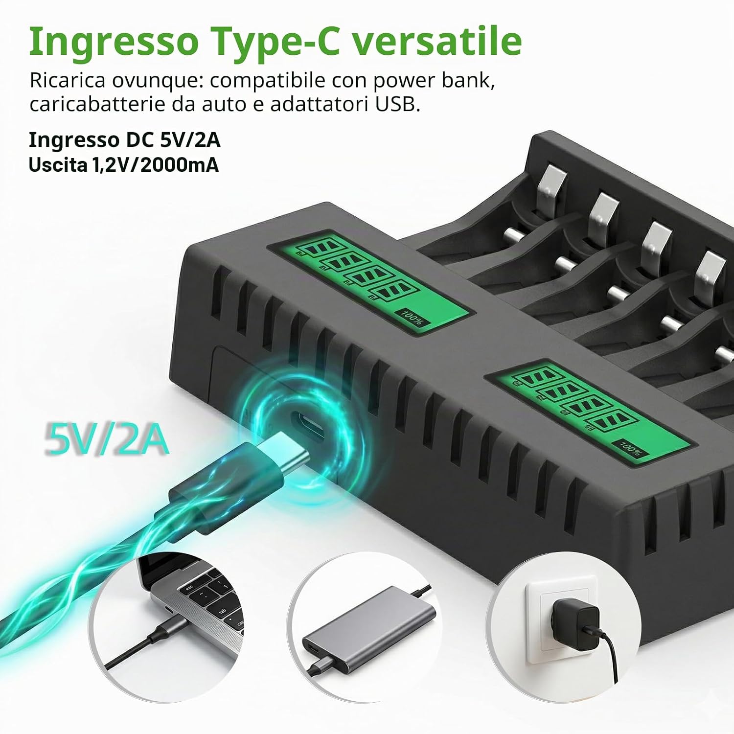 Detalle de Carehabi Caricabatterie 8 Slot AA/AAA Ni-MH con Display LCD, USB-C e Compatibilità Estesa