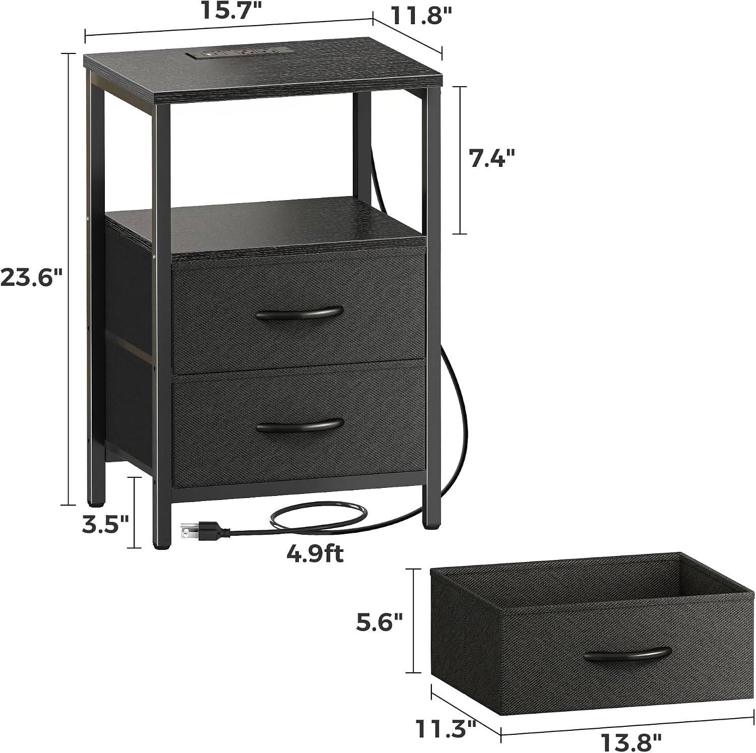 Detalle de Huuger Nightstand with Charging Station, 4 Fabric Drawers and Open Shelf