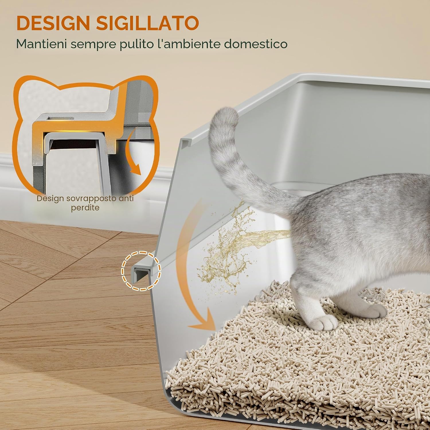 Detalle de Lettiera in Acciaio per Gatti XXL Fobyfurny – 60,5 × 40 × 29 cm, 36 L, Bordo Alto 15 cm, Inox