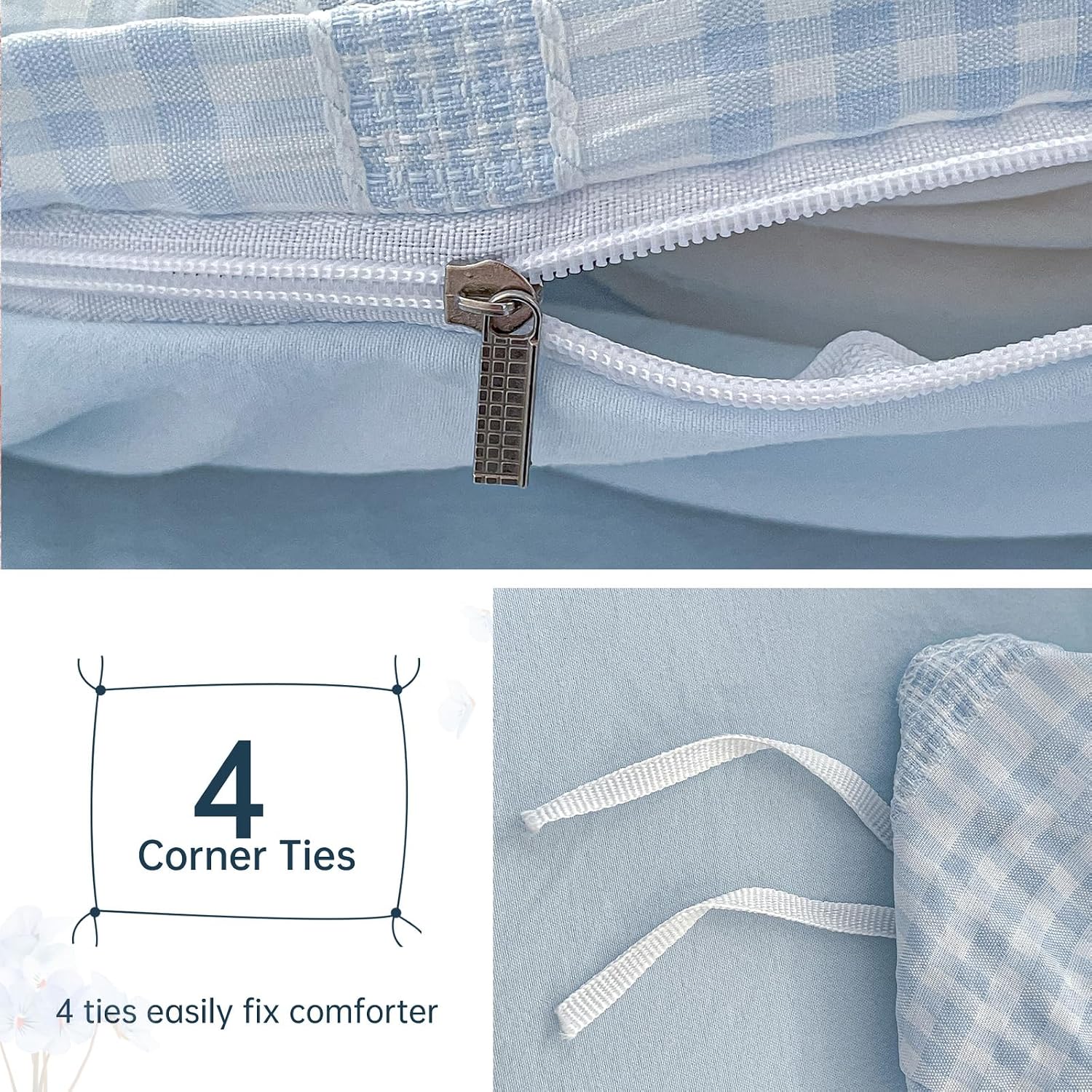 Detalle 2 de Guchuang Bedding Blue Seersucker Duvet Cover Set (Double, 200x200cm) – 3-Piece Microfibre Bedding Set