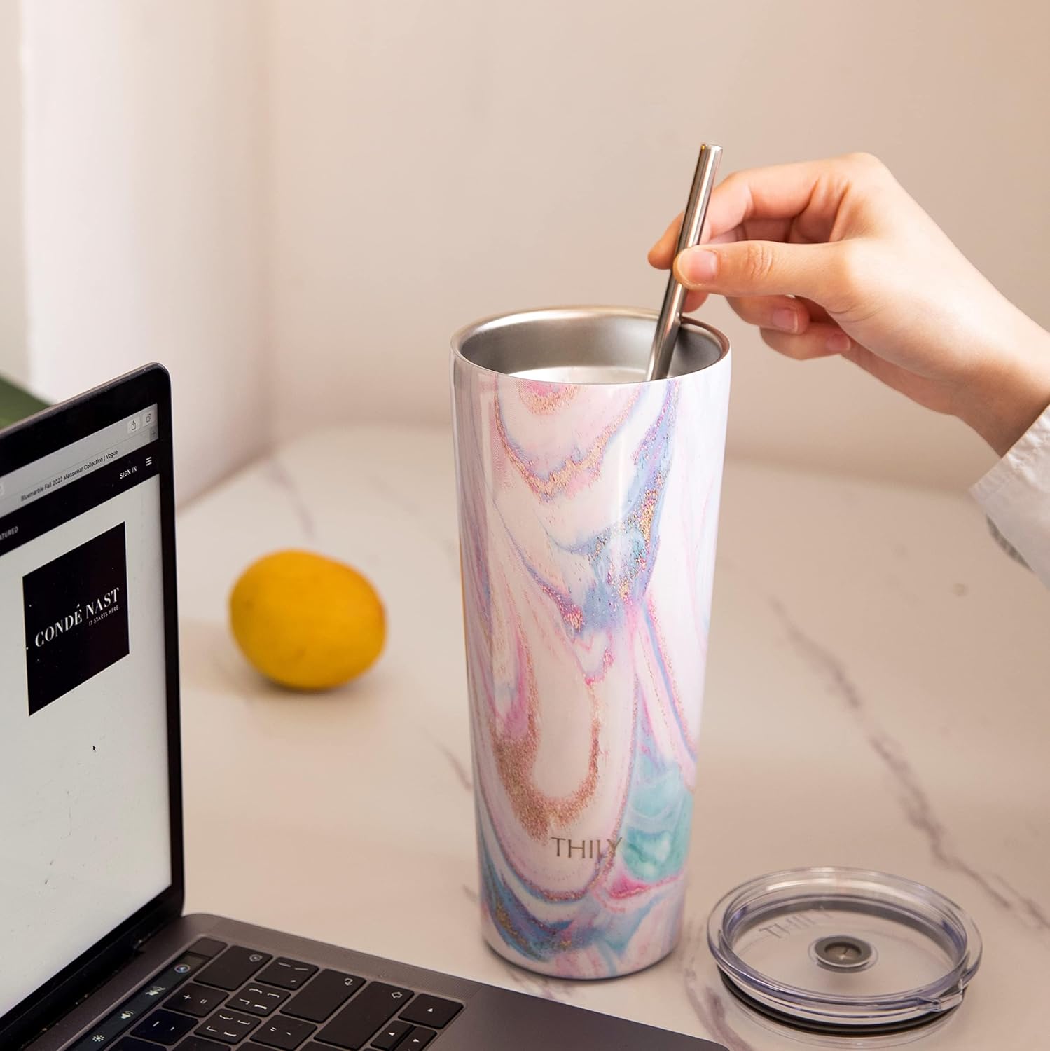 Thumbnail 4 de THILY Vakuumisolierter Edelstahlbecher 780 ml – 2er-Set Pink Ripple & Lotus Flower