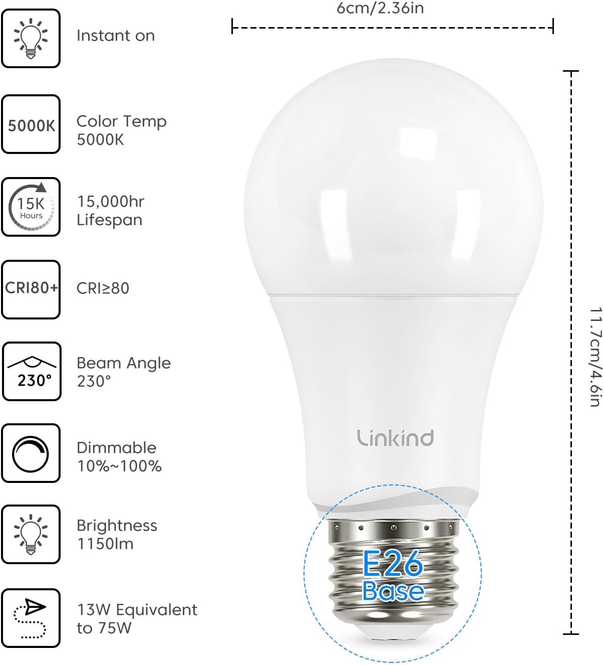 Detalle 2 de Linkind A19 Dimmable LED Bulbs, 5000K Daylight, 1150 Lumens, 6-Pack