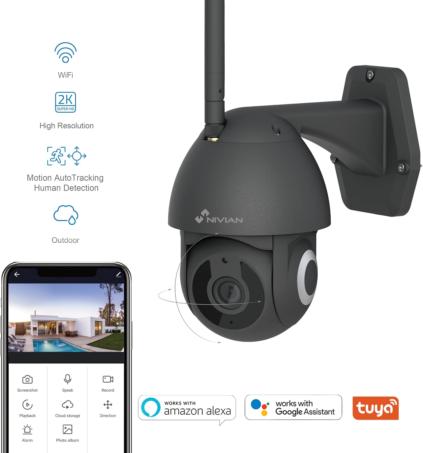 Thumbnail 1 de NIVIAN Telecamera PTZ WiFi 2,4Ghz Half4K con Auto-tracking, visione notturna e compatibilità con Alexa e Google Home