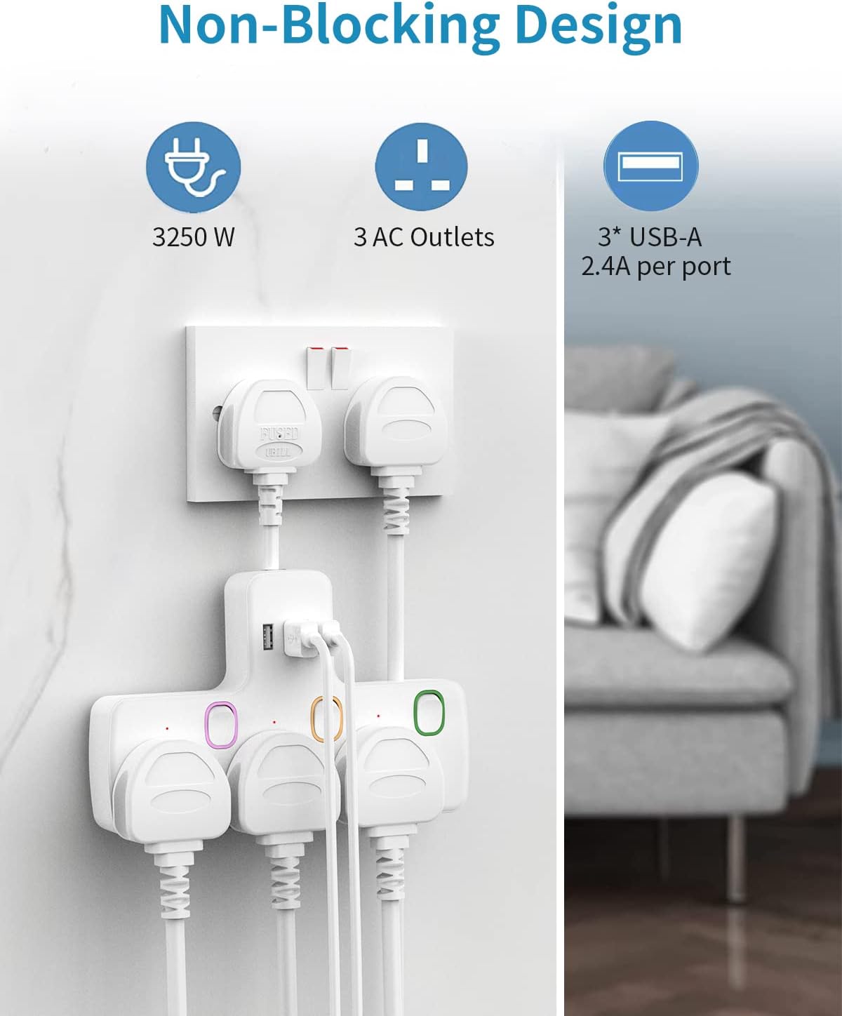 Detalle 2 de Multi Plug Extension 3 Way 3 USB 3250W