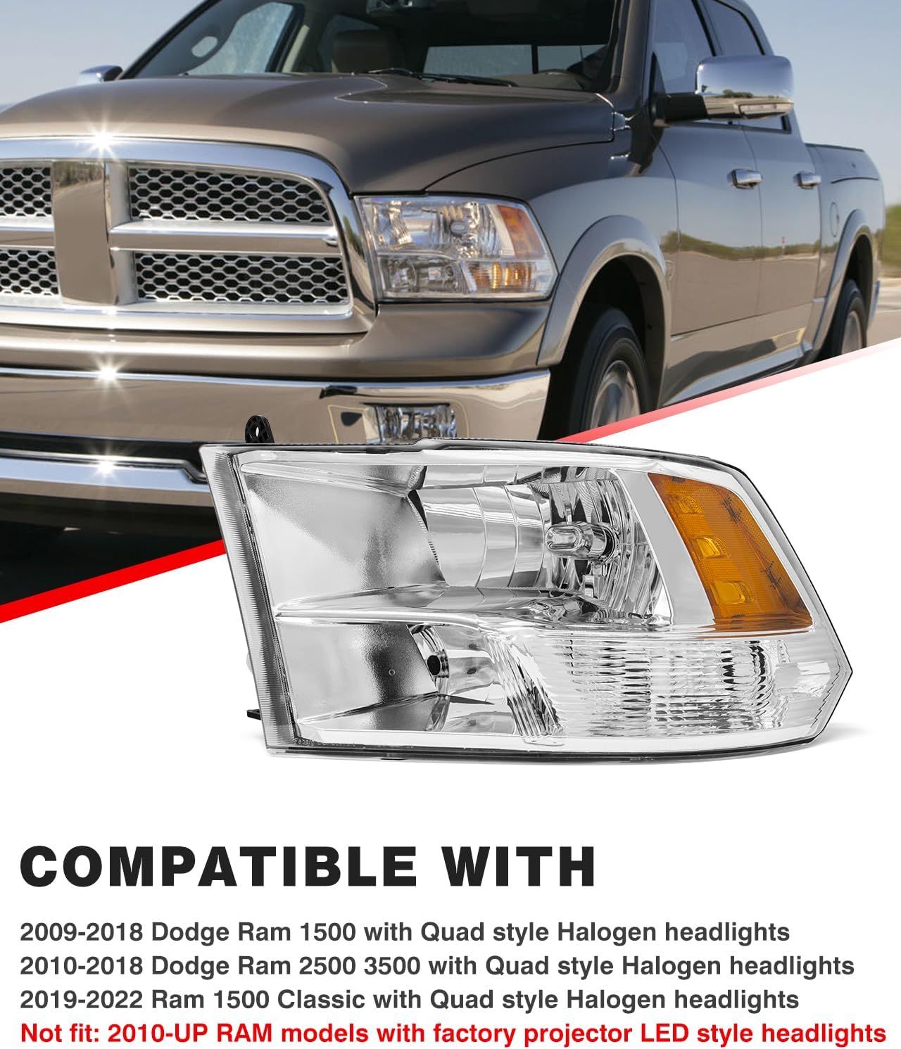 Thumbnail 2 de ADCARLIGHTS Headlight Assembly Replacement for 2010–2018 Dodge Ram (Chrome Housing, Amber Reflector)