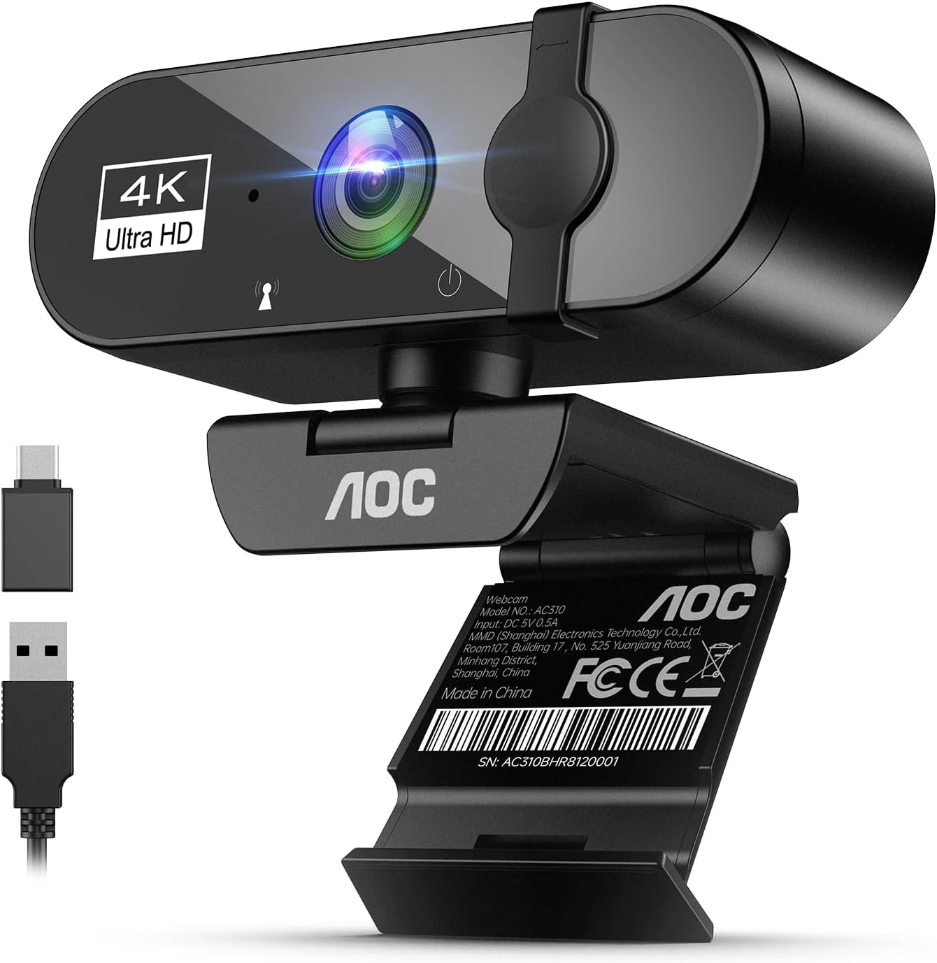 Detalle de AOC Webcam 4K Ultra HD mit Mikrofon, Privatsphärenabdeckung und Plug‑&‑Play