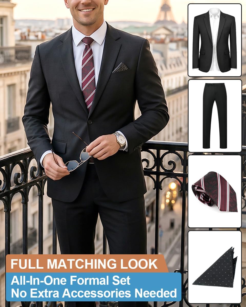 Detalle de WYWK Two-Piece Men's Suit, One-Button Slim Fit with Tie and Pocket Square