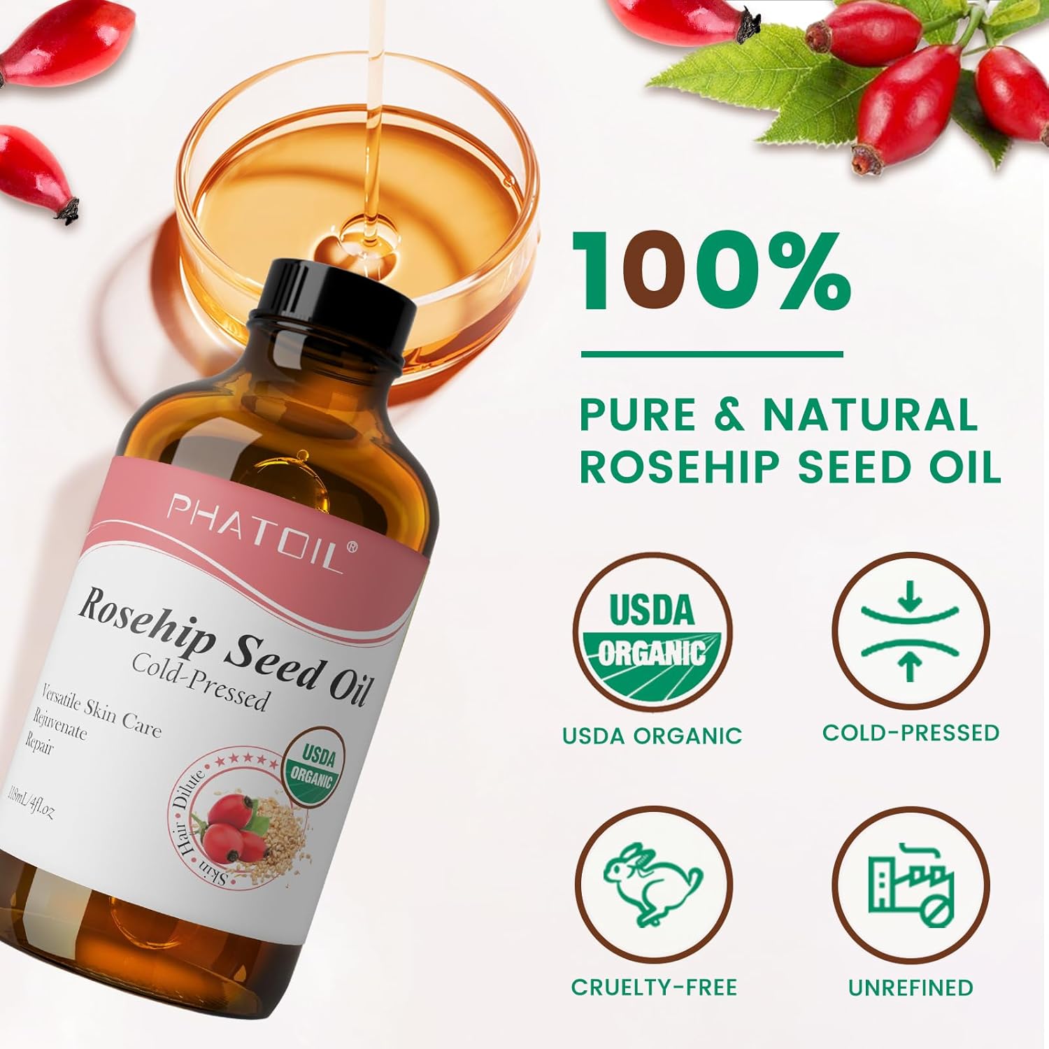 Thumbnail 1 de PHATOIL Organic Rosehip Seed Oil 118ml skincare oil