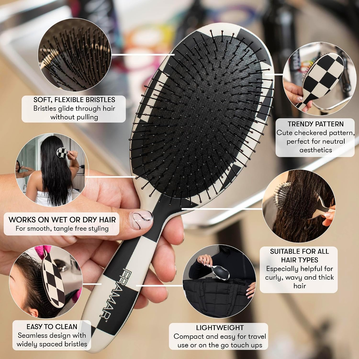 Detalle de FRAMAR Checkered Print Hair Brush Detangler – Wet Hair Brush for Women