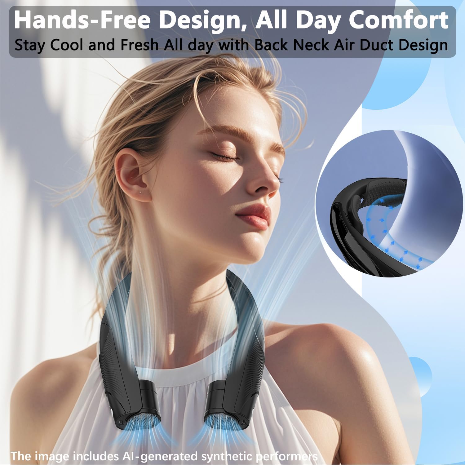 Detalle de Enituo Neck Fan 6000mAh USB Rechargeable Hands Free Personal Fan (Navy Blue)