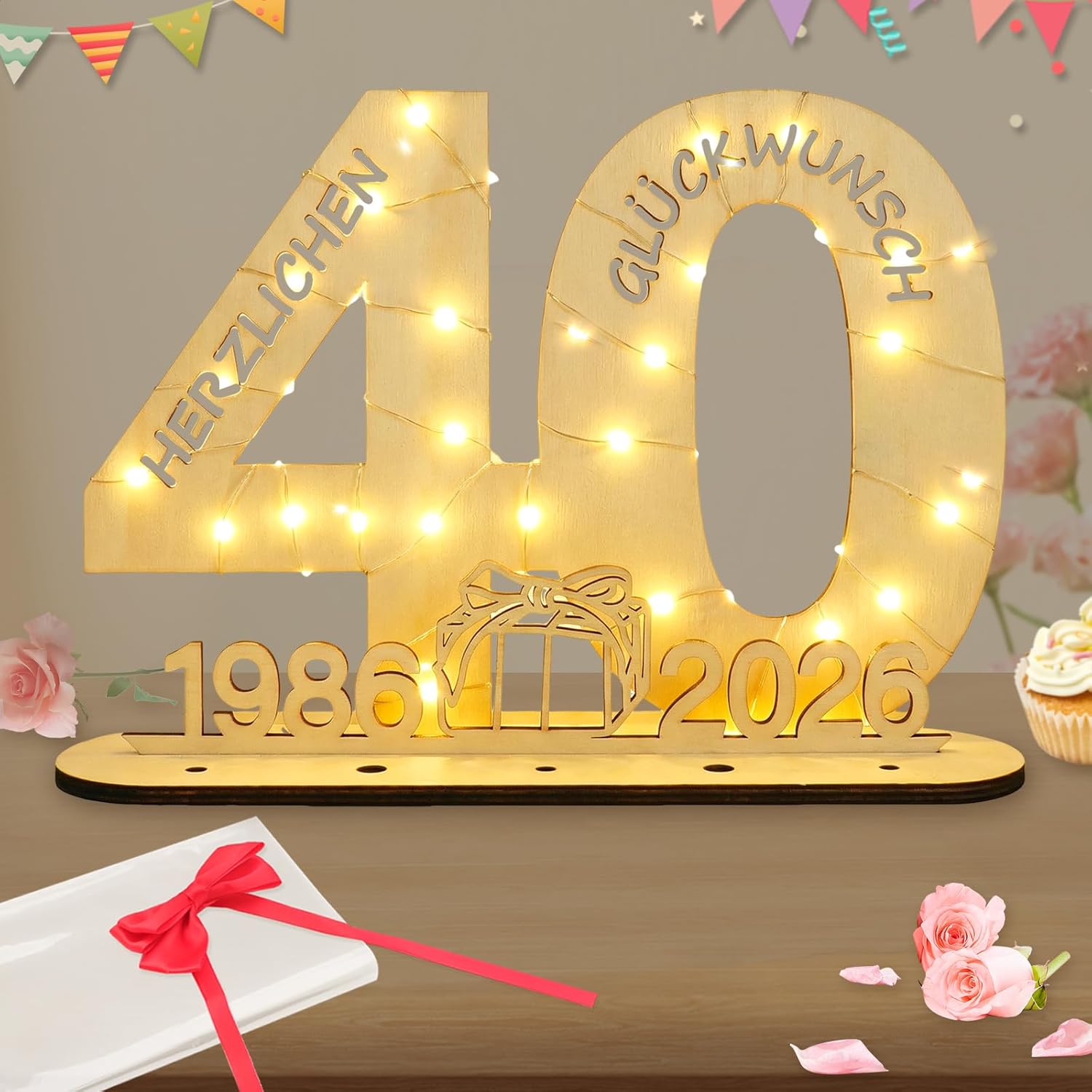 Seutgjie Originelles Geschenk 40 Geburtstag – Holzschild mit LED-Lichterkette, 29 × 21 cm