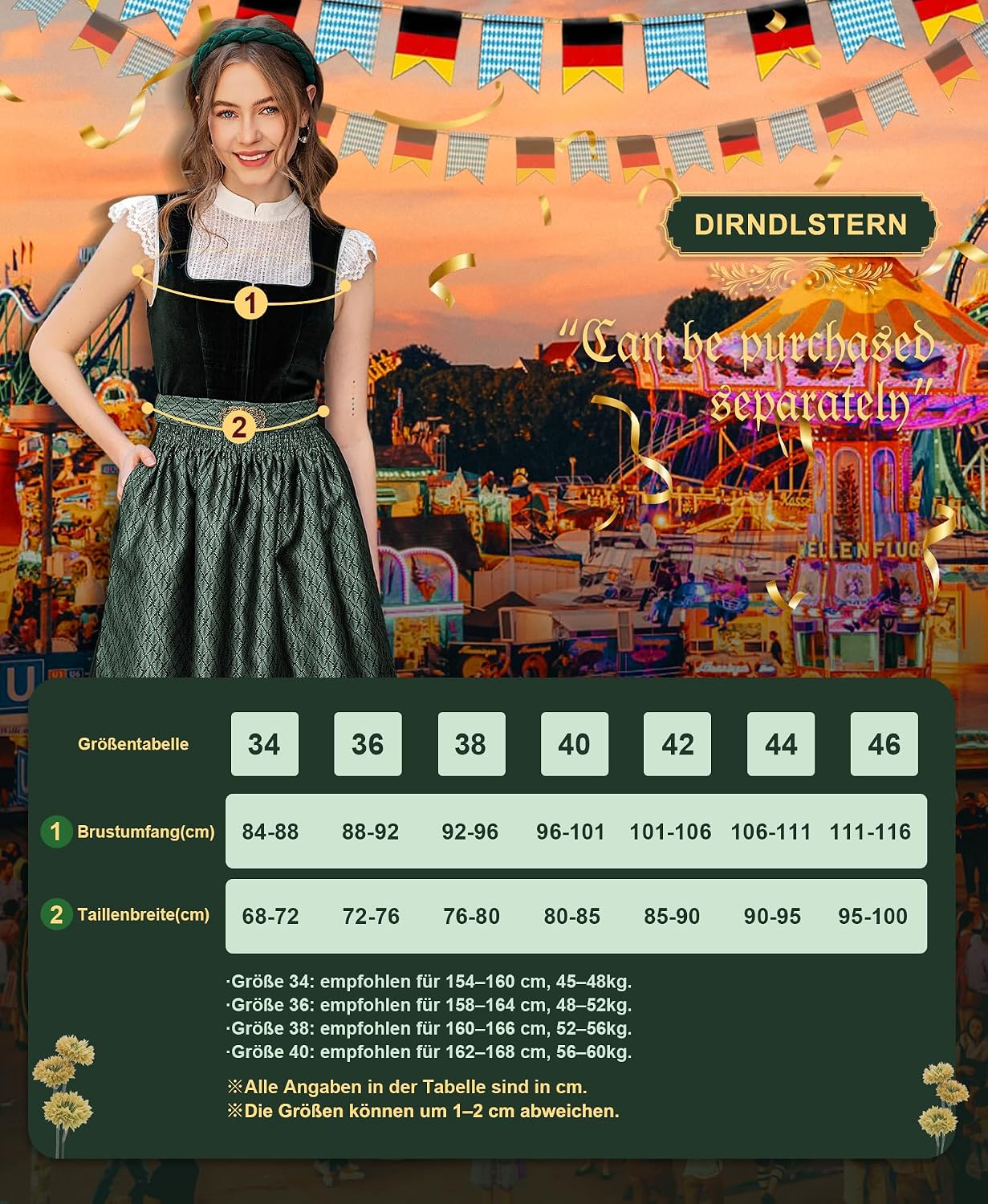 Detalle de DIRNDLSTERN Dirndl Damen Trachtenkleid Grün – Samt-Mieder, Midi-Rock 60 cm mit Schürze (Ohne Bluse) von DIRNDLSTERN