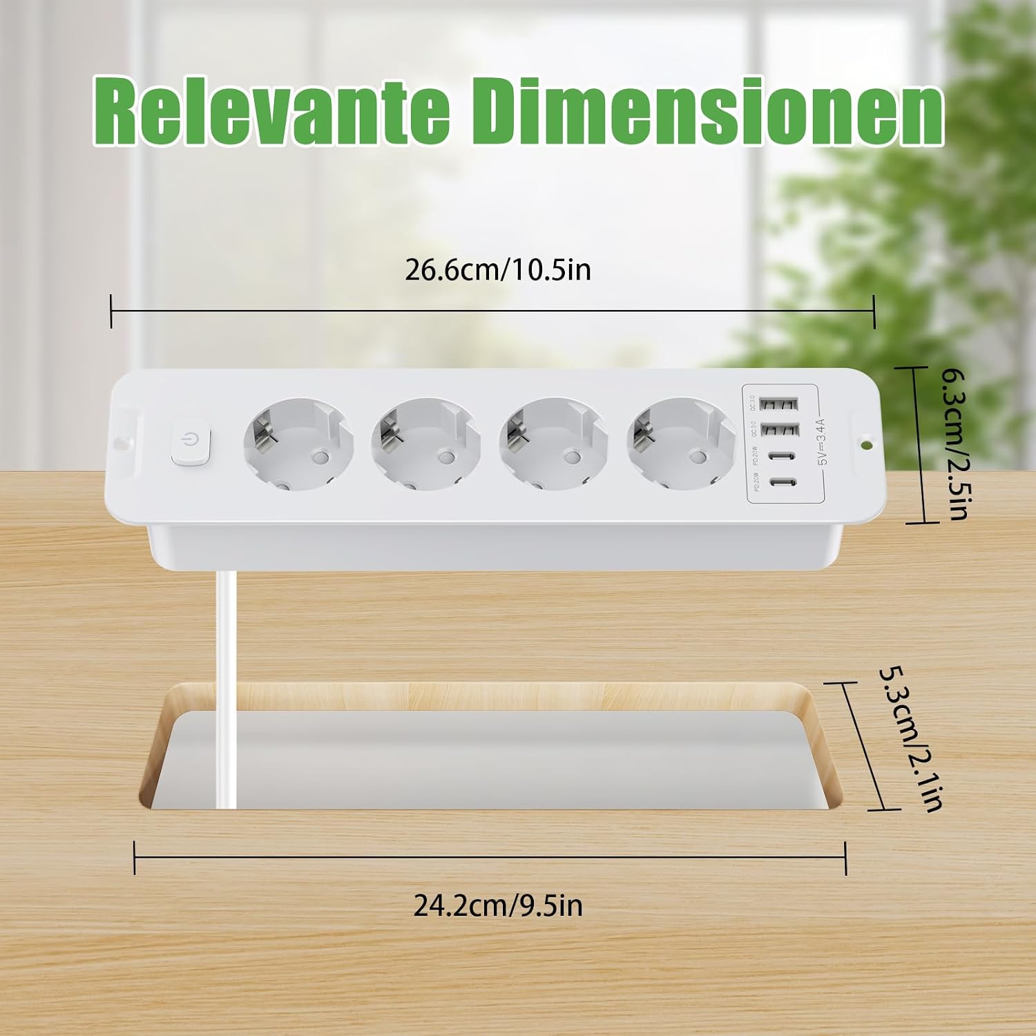 Detalle 2 de 4-Fach Einbausteckdose mit USB-C PD 20W (20 W) & Schalter – 2 m Kabel, versenkbar, weiß