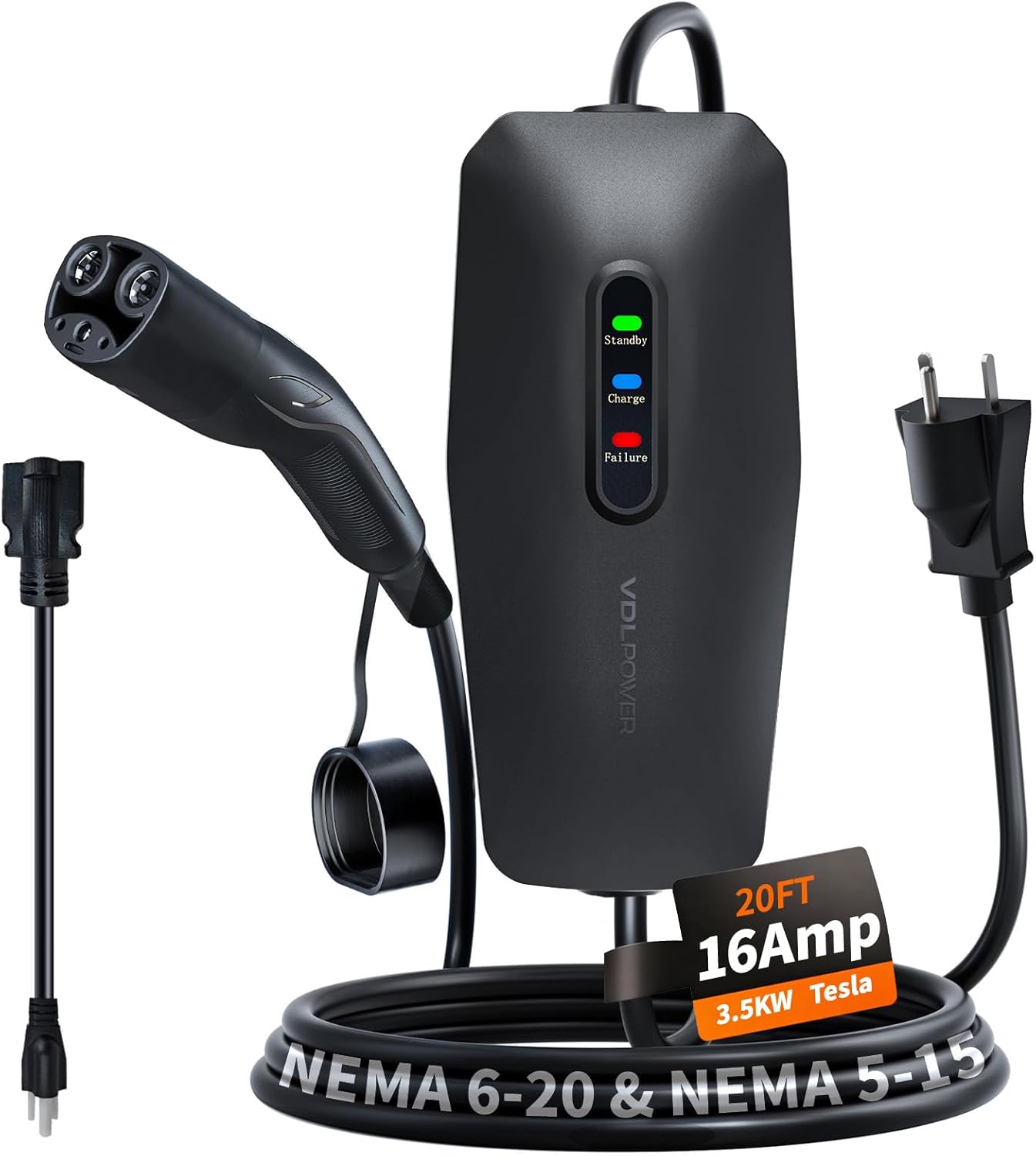 Detalle de VDLPOWERVP Level 1/2 Tesla Portable Charger (16A, NEMA 6-20 & 5-15, 20FT cable)