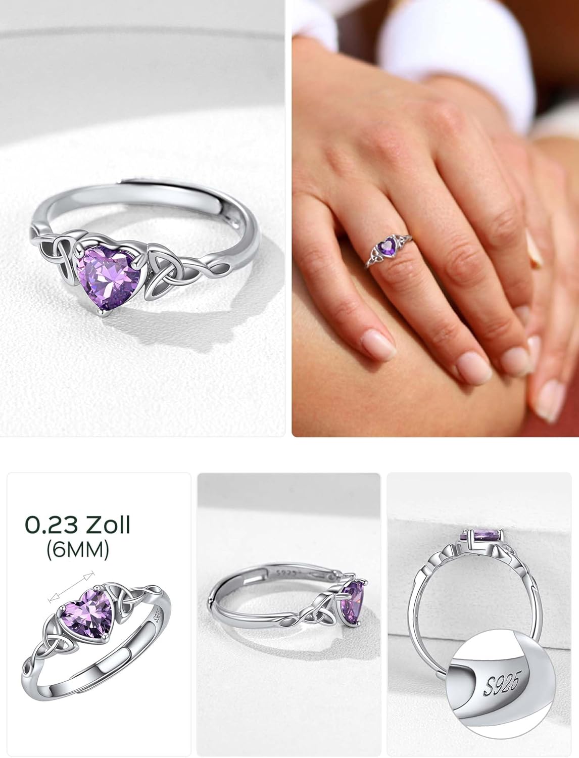 Thumbnail 2 de ChicSilver ChicSilver Ring 925 Silber Damen – verstellbarer Herz-Geburtsstein-Ring mit keltischem Knot & Zirkonia