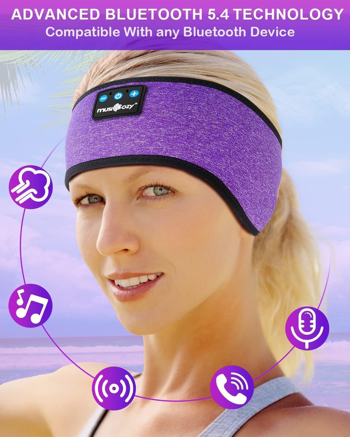 Detalle de MUSICOZY Sleep Headphones Headband – Ultra-Thin, Bluetooth 5.4, 16H Battery for Side Sleepers